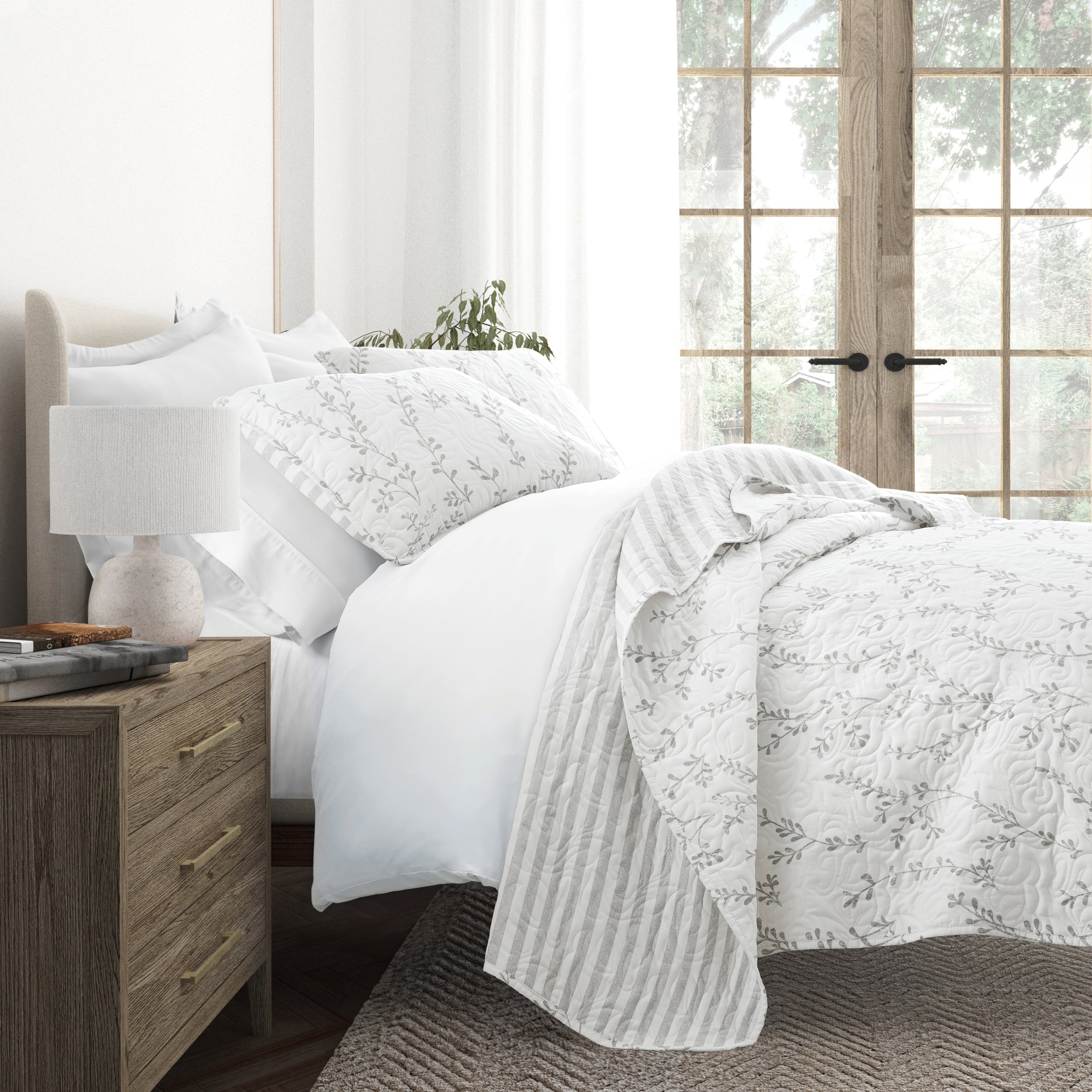 Sprouted Vines Patterned Reversible Quilted Coverlet Set