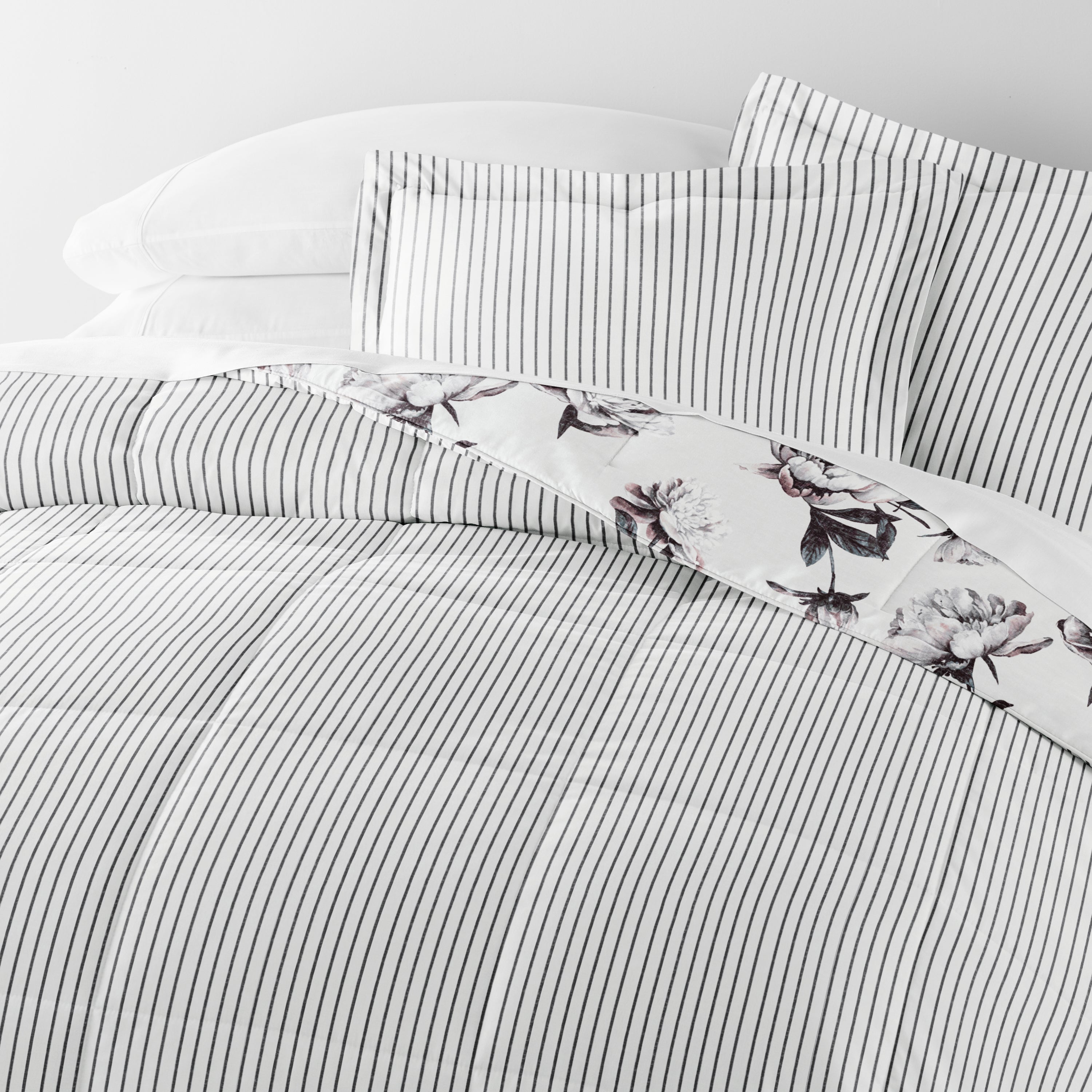 Vintage Magnolia Stripe Reversible Patterned Down-Alternative Comforter Set