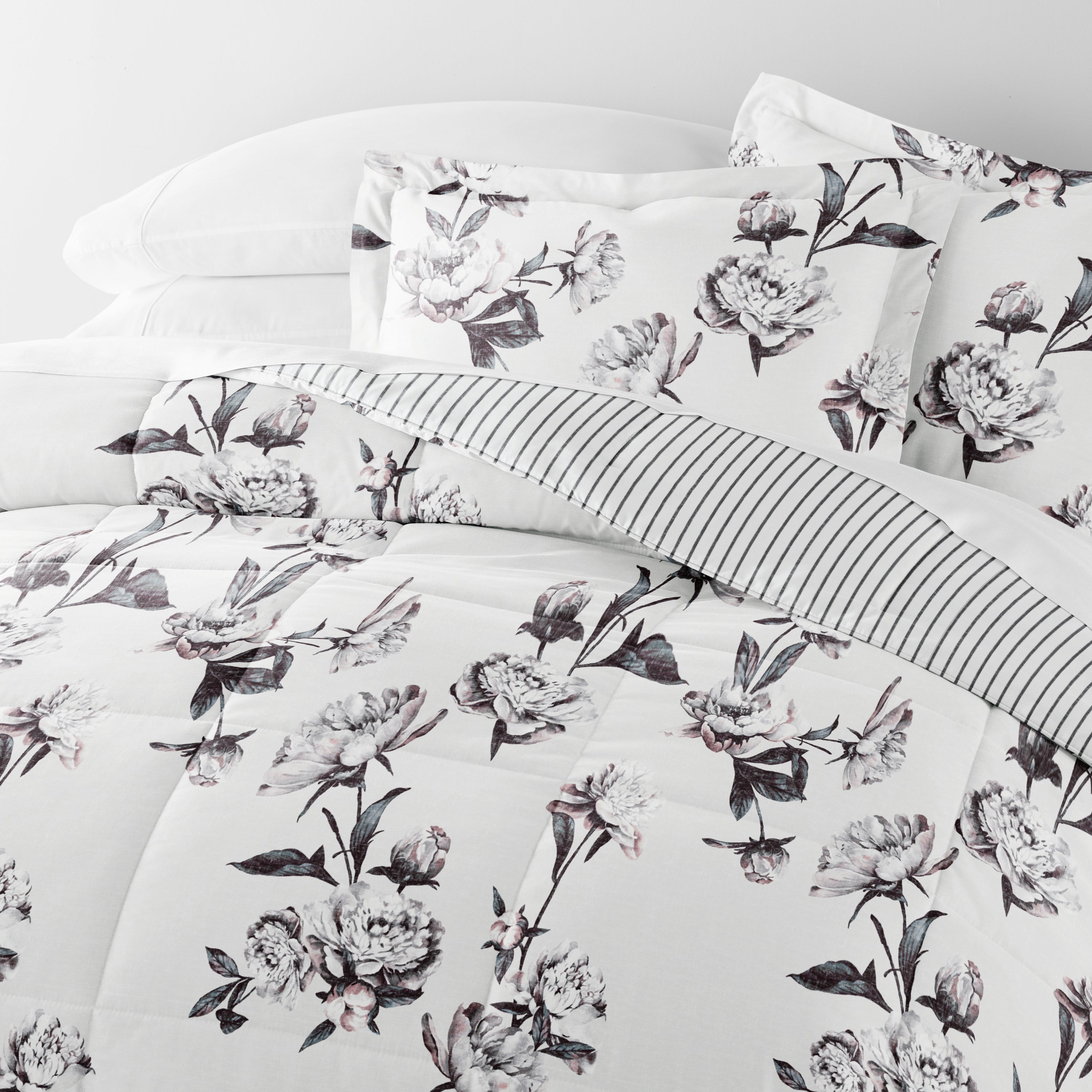 Vintage Magnolia Stripe Reversible Patterned Down-Alternative Comforter Set