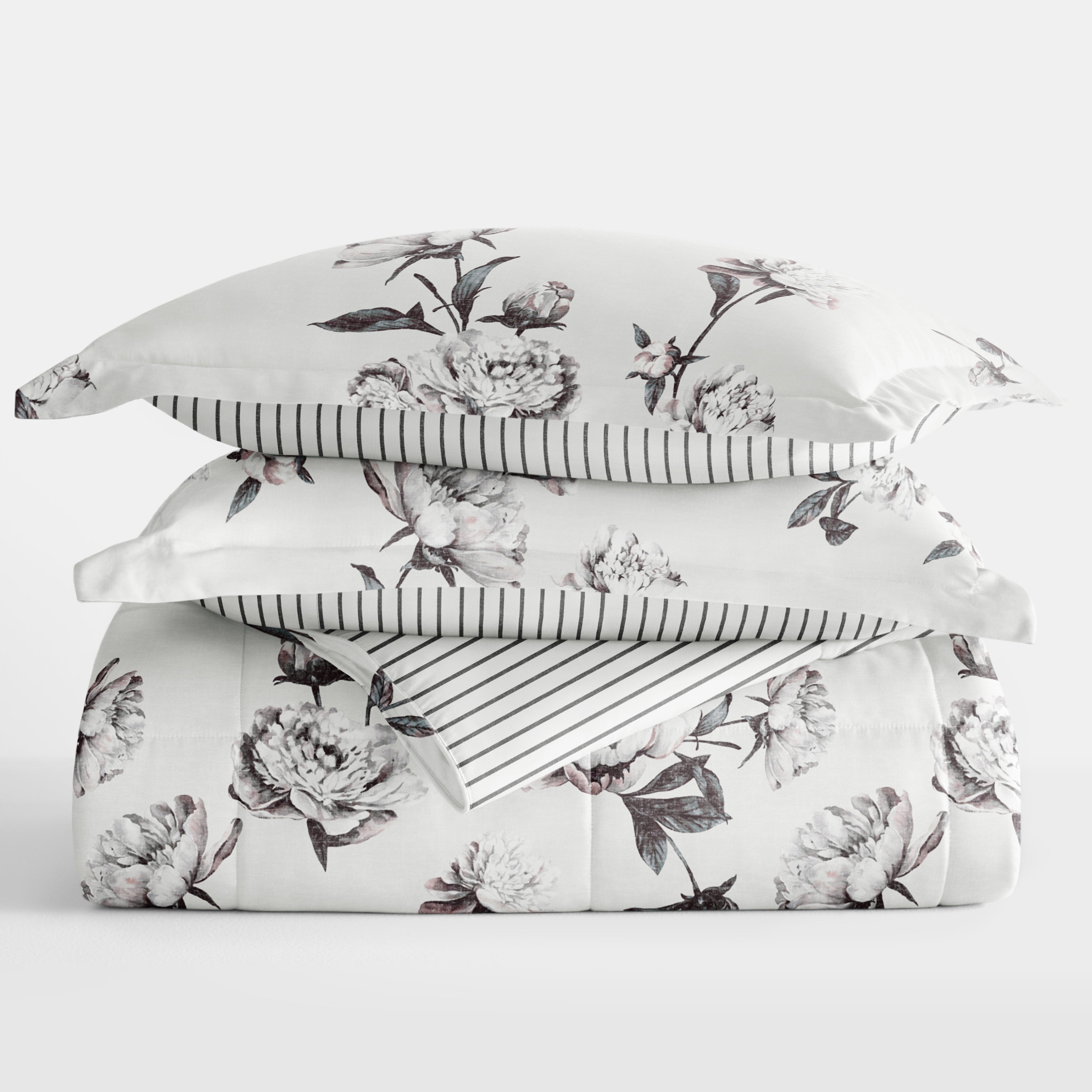 Vintage Magnolia Stripe Reversible Patterned Down-Alternative Comforter Set