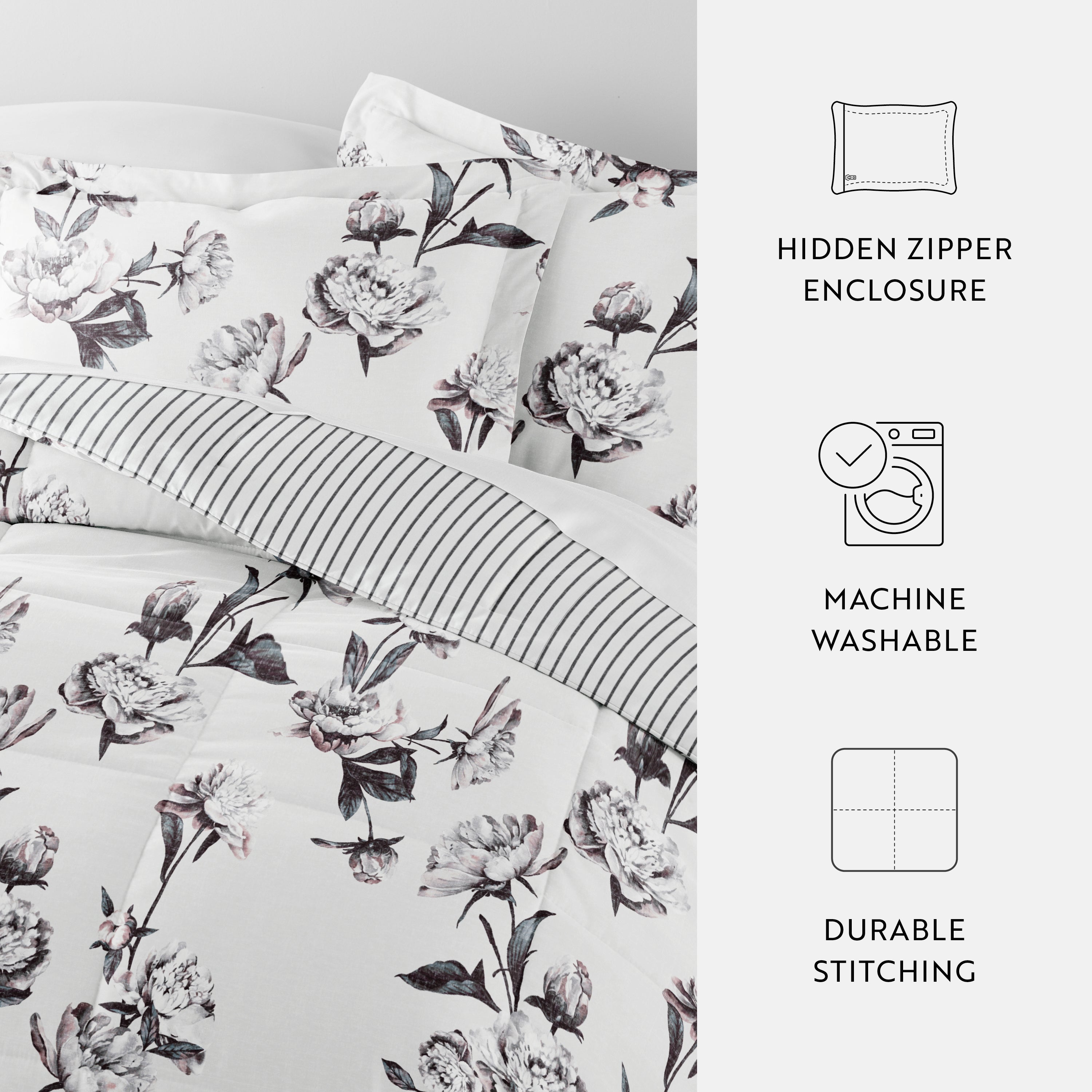 Vintage Magnolia Stripe Reversible Patterned Down-Alternative Comforter Set