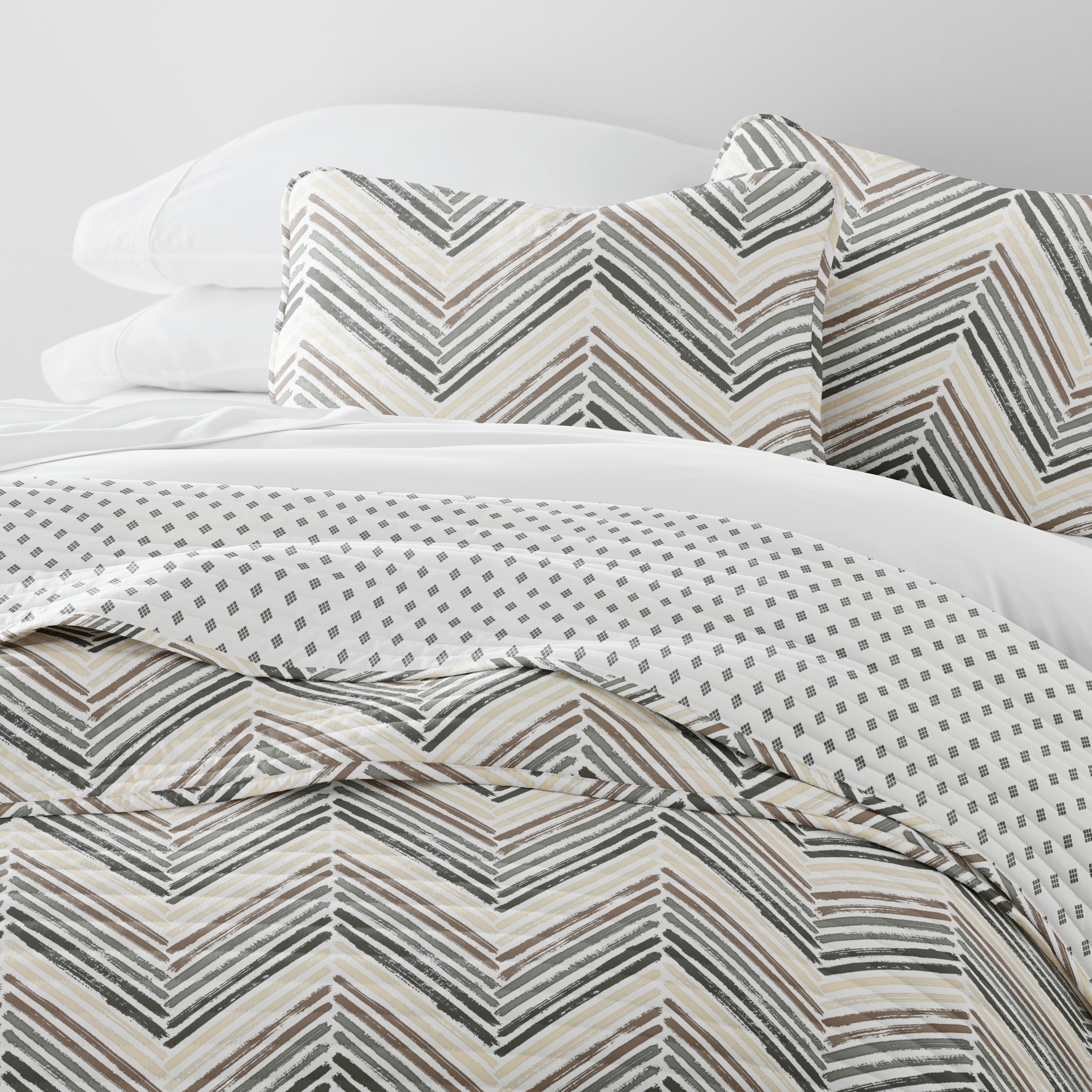 Painted Chevron Patterned Reversible Quilted Coverlet Set