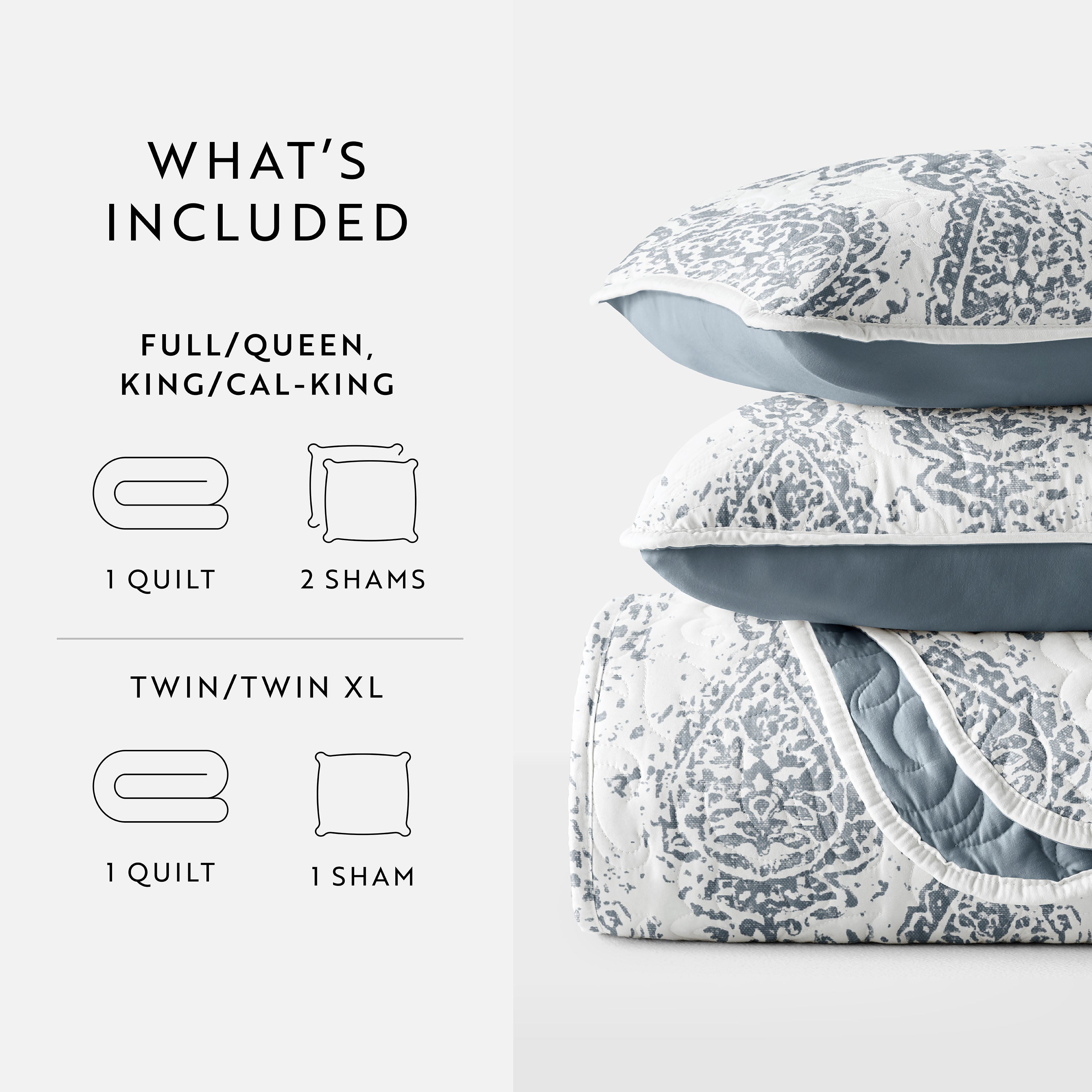 Classic Damask Patterned Reversible Quilted Coverlet Set