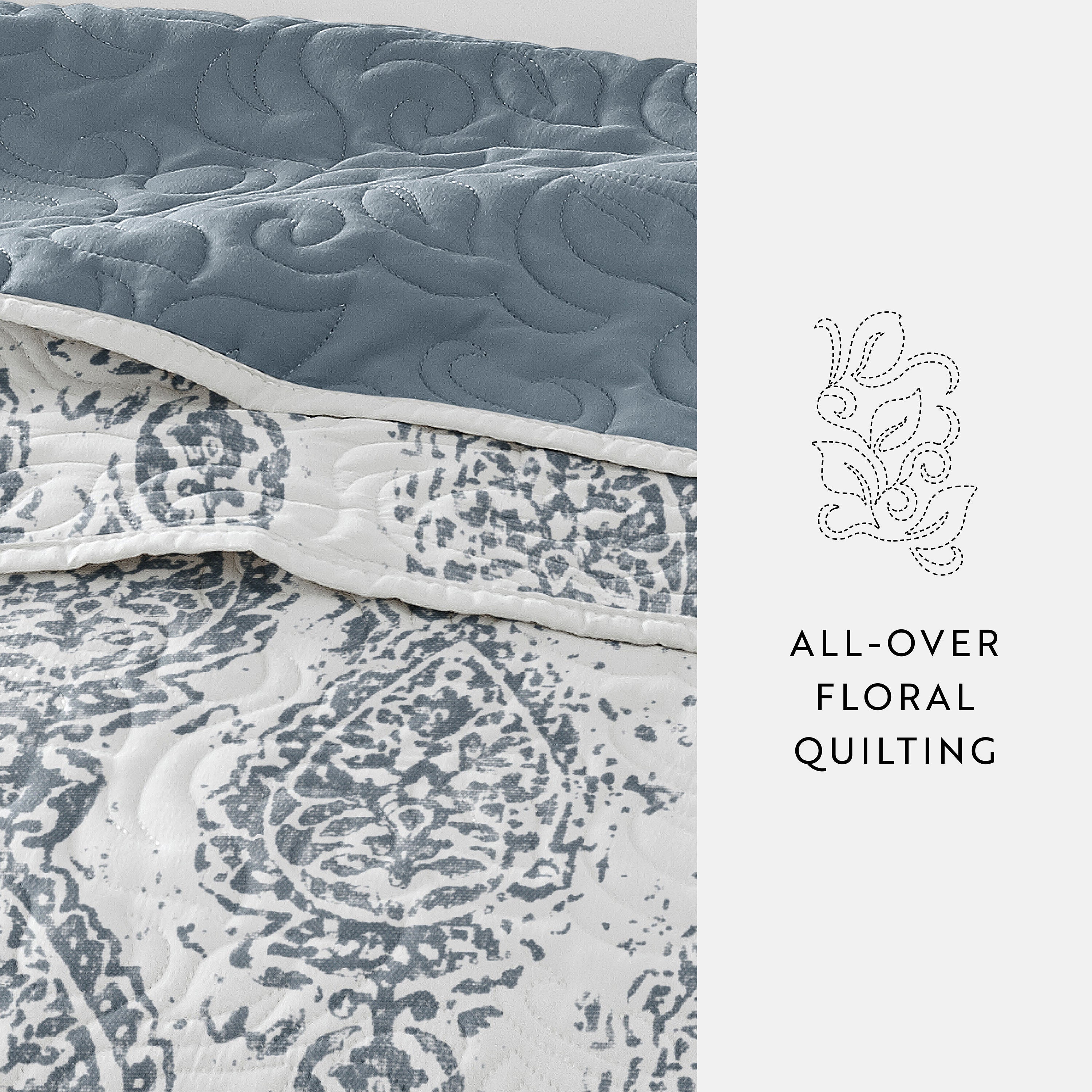 Classic Damask Patterned Reversible Quilted Coverlet Set