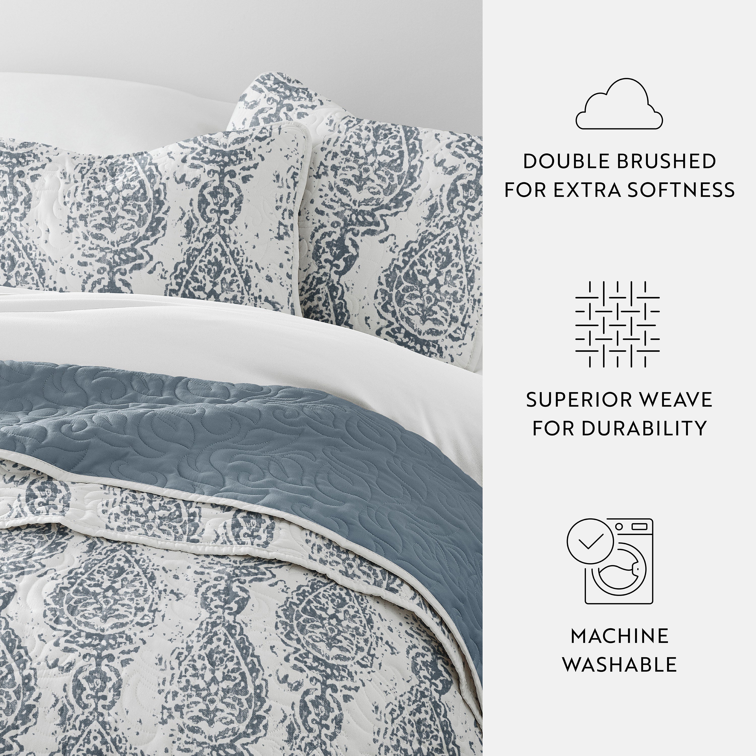 Classic Damask Patterned Reversible Quilted Coverlet Set