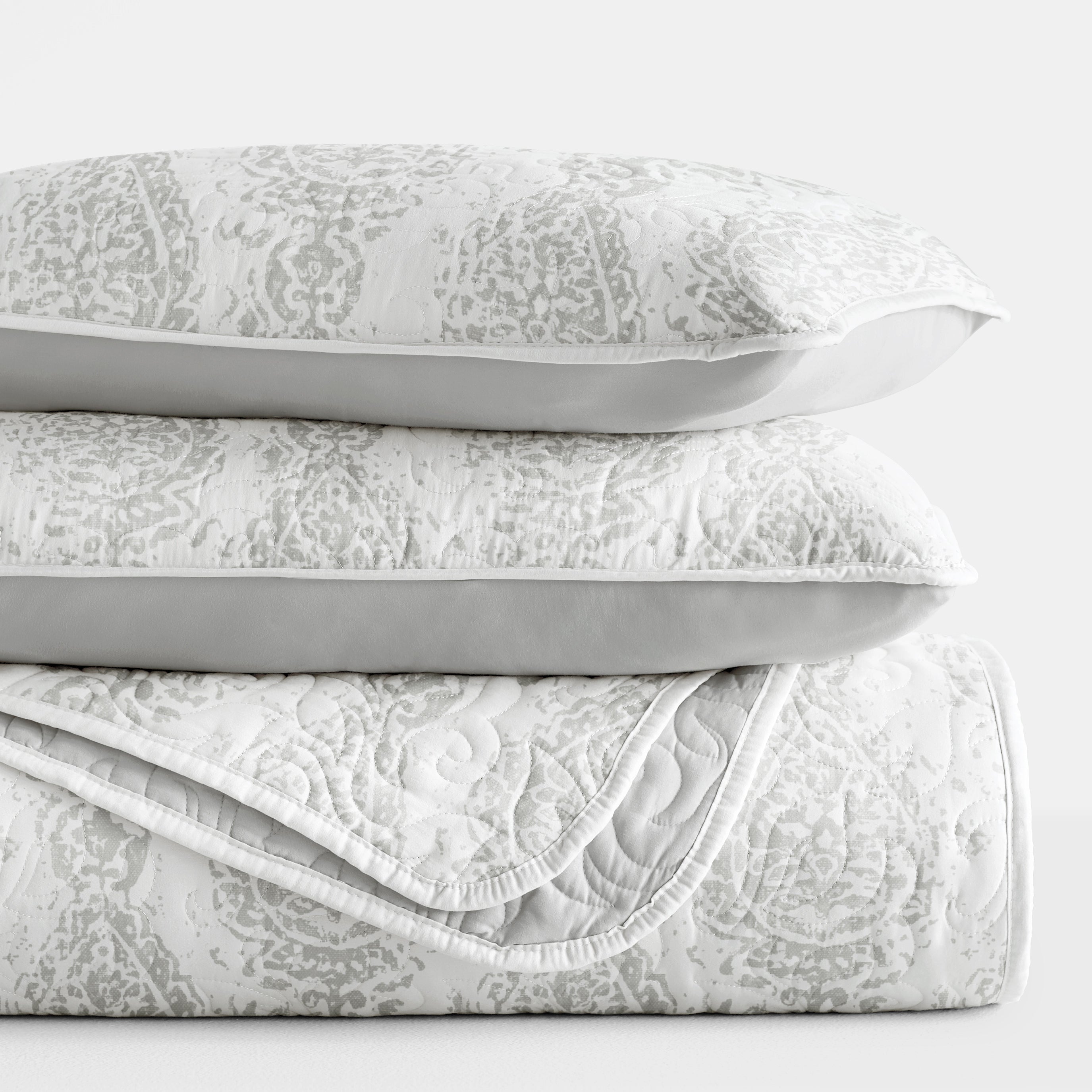 Classic Damask Patterned Reversible Quilted Coverlet Set