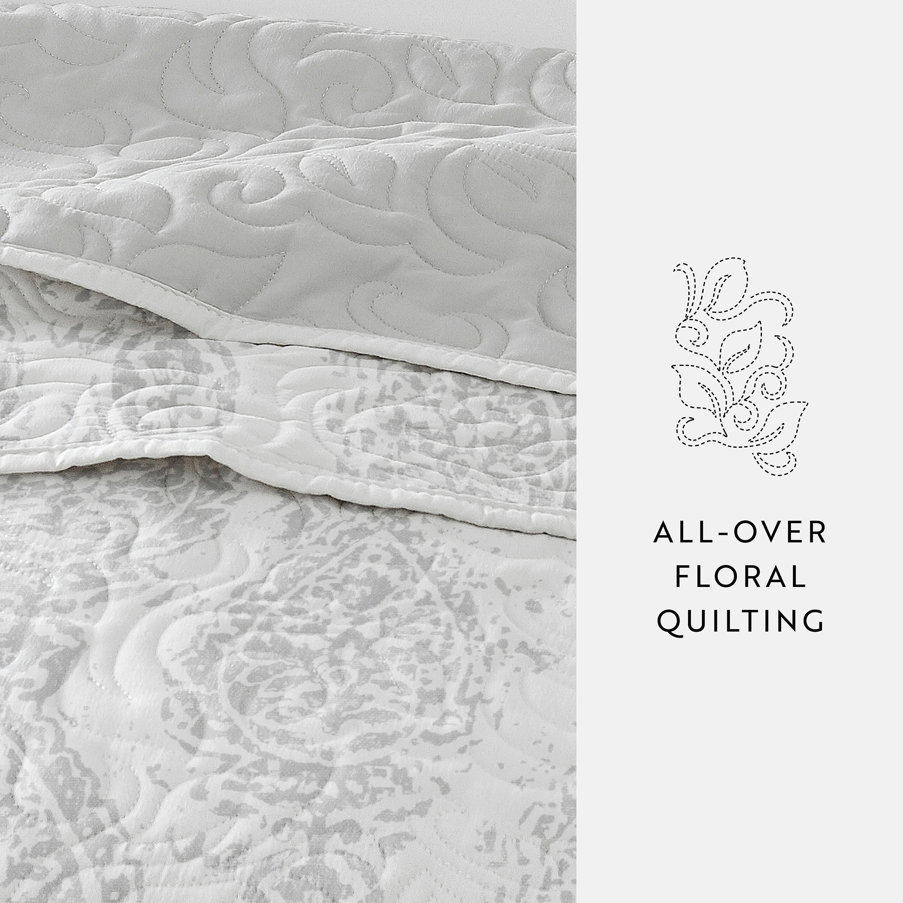 Classic Damask Patterned Reversible Quilted Coverlet Set