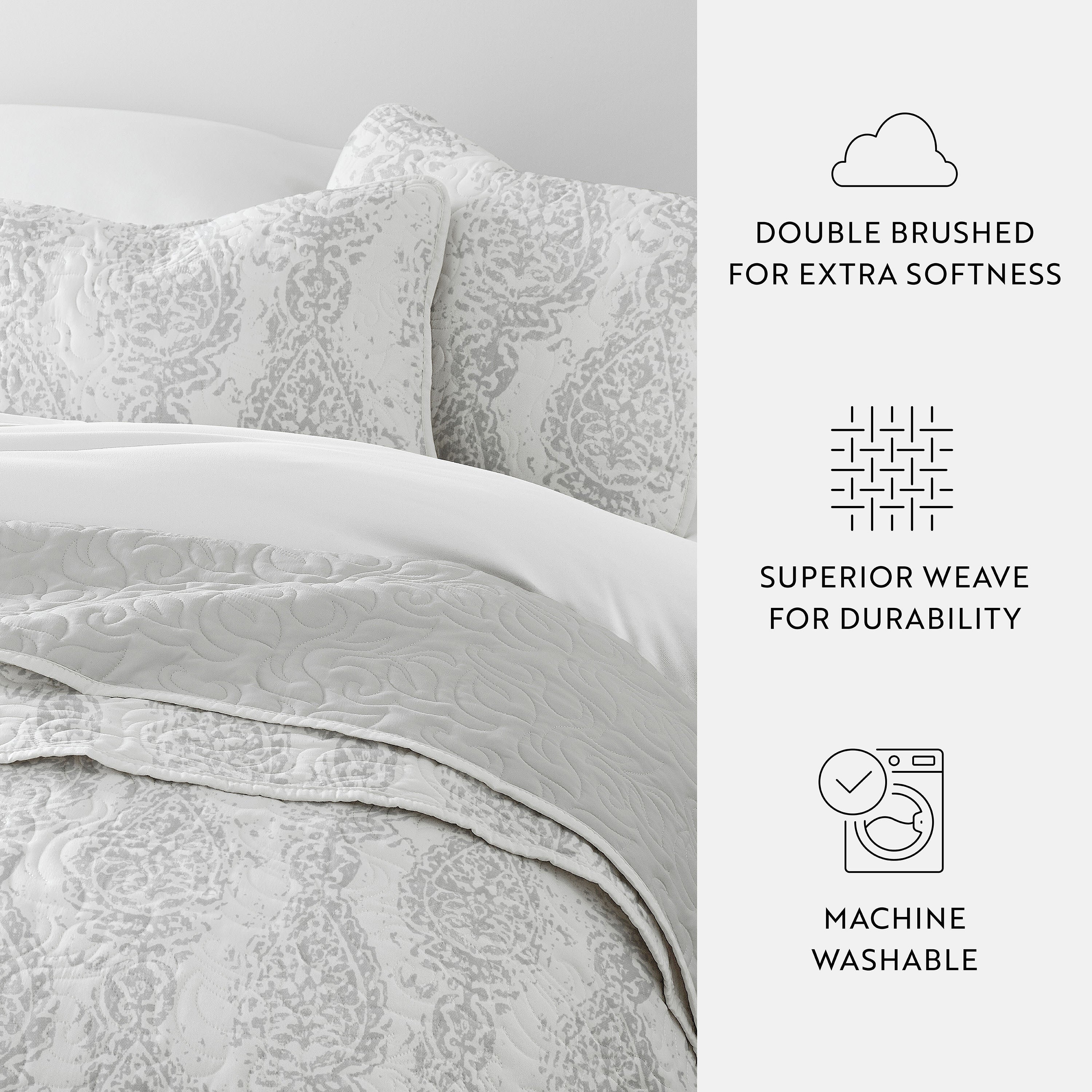 Classic Damask Patterned Reversible Quilted Coverlet Set