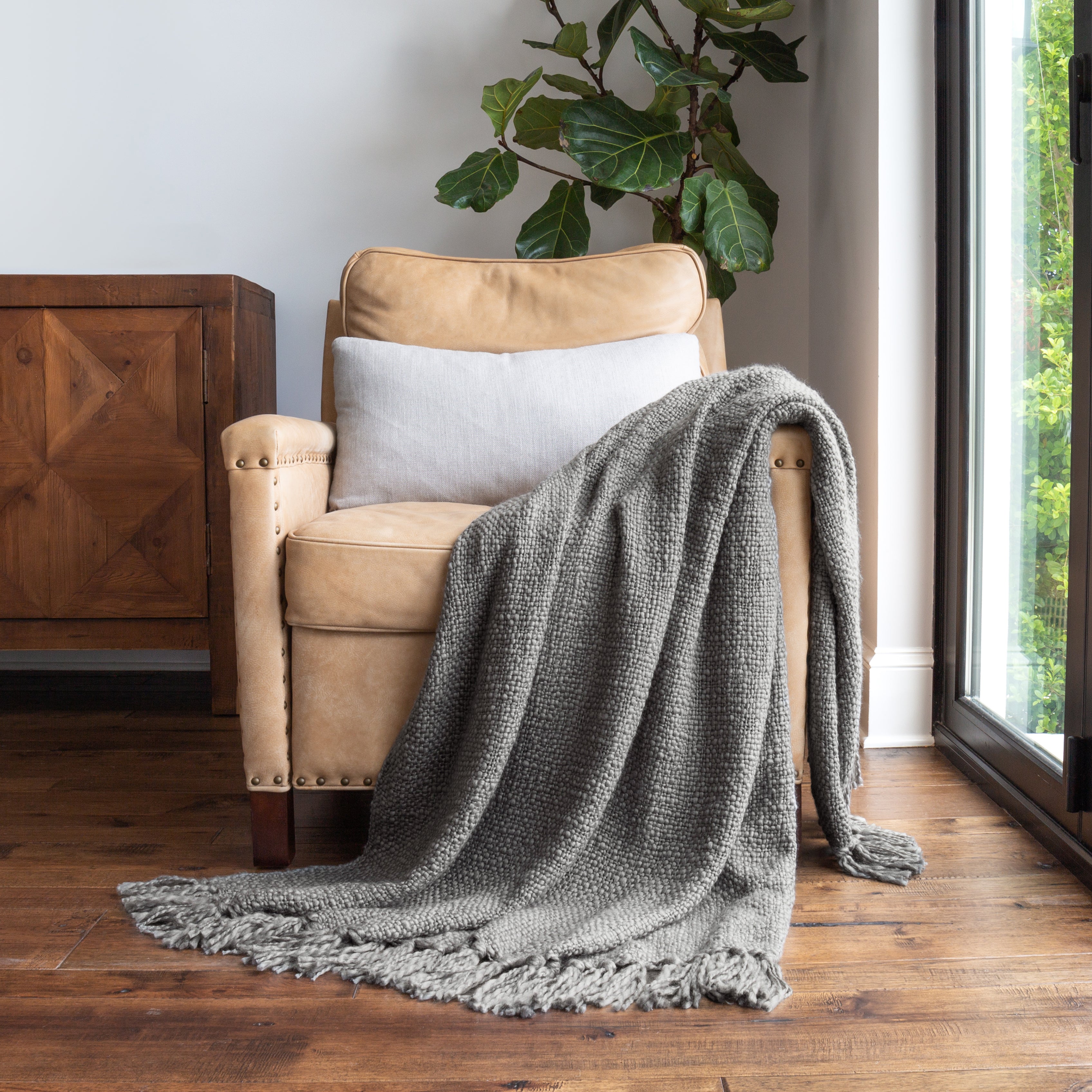 Slub-Yarn Basketweave Throw Blanket with Fringed Edges