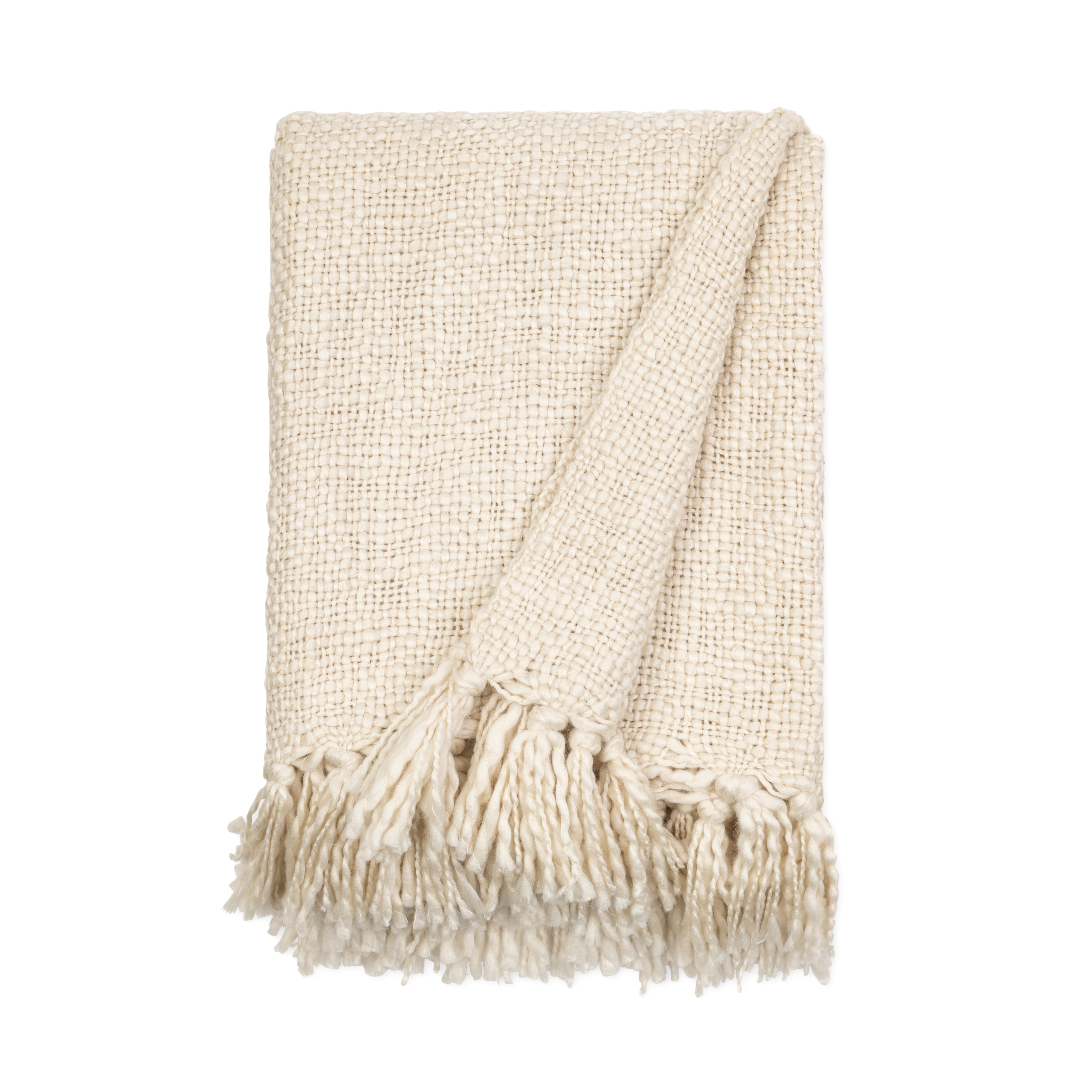 Slub-Yarn Basketweave Throw Blanket with Fringed Edges