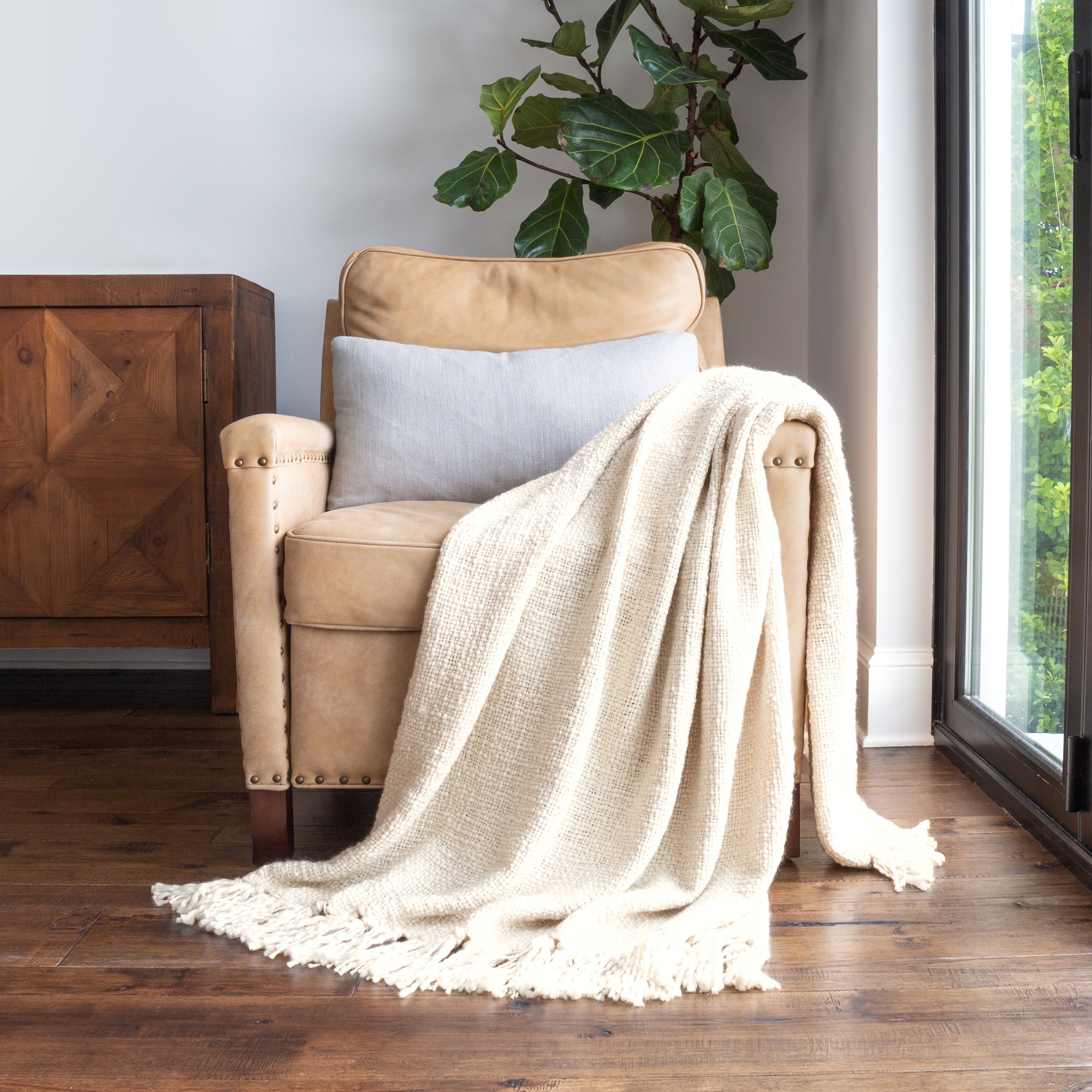 Slub-Yarn Basketweave Throw Blanket with Fringed Edges