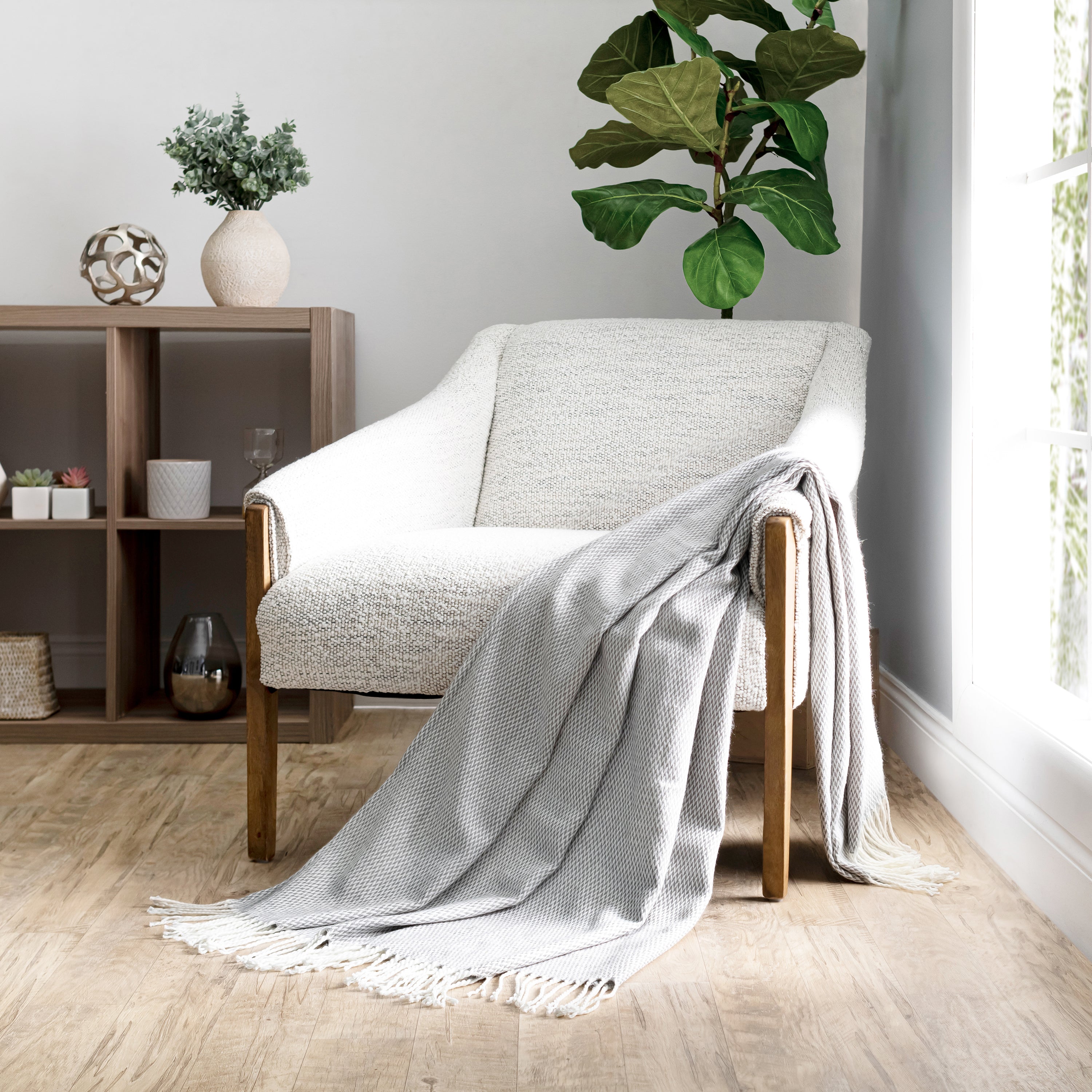 Herringbone Throw Blanket with Fringed Edges