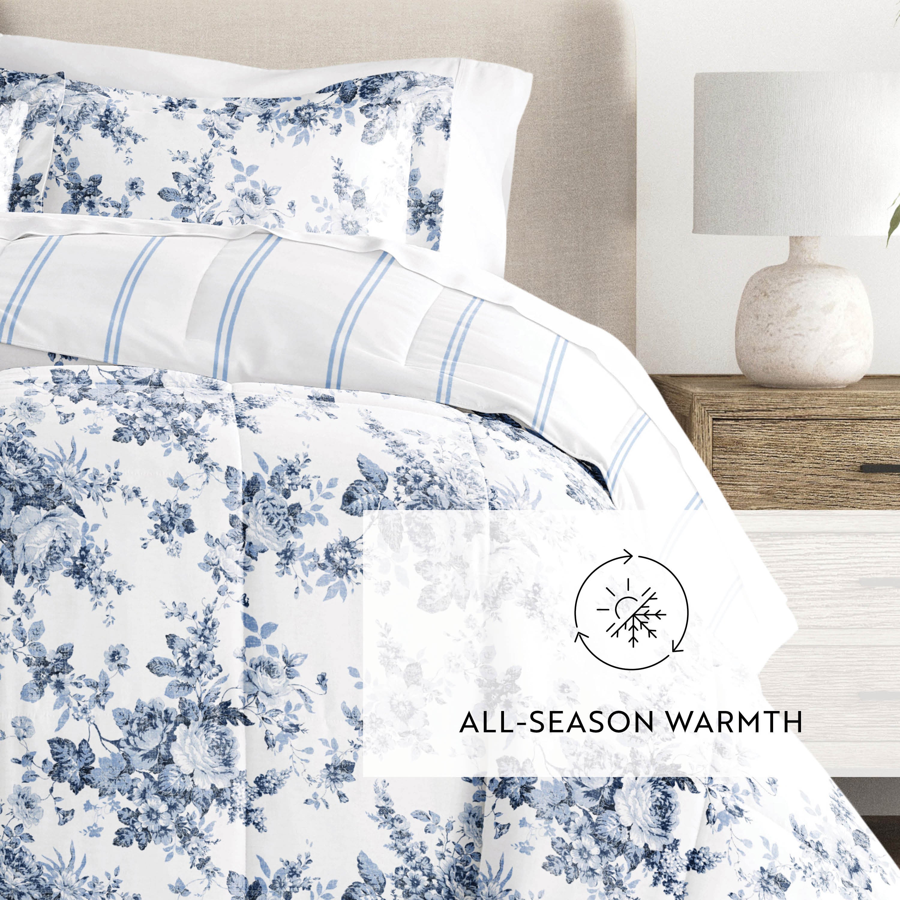 Cabbage Rose Stripe Reversible Patterned Down-Alternative Comforter Set