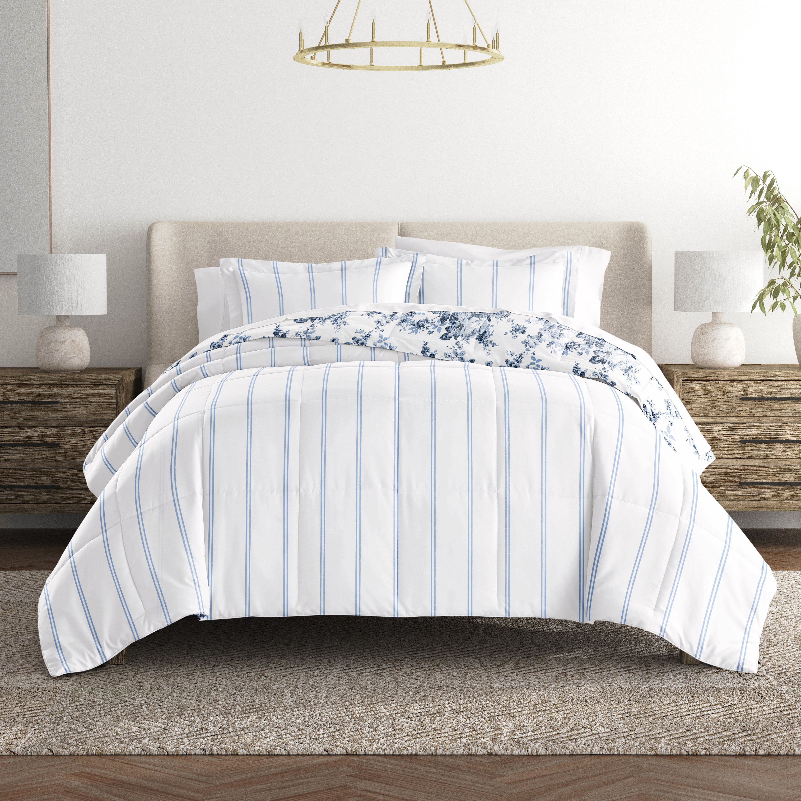 Cabbage Rose Stripe Reversible Patterned Down-Alternative Comforter Set