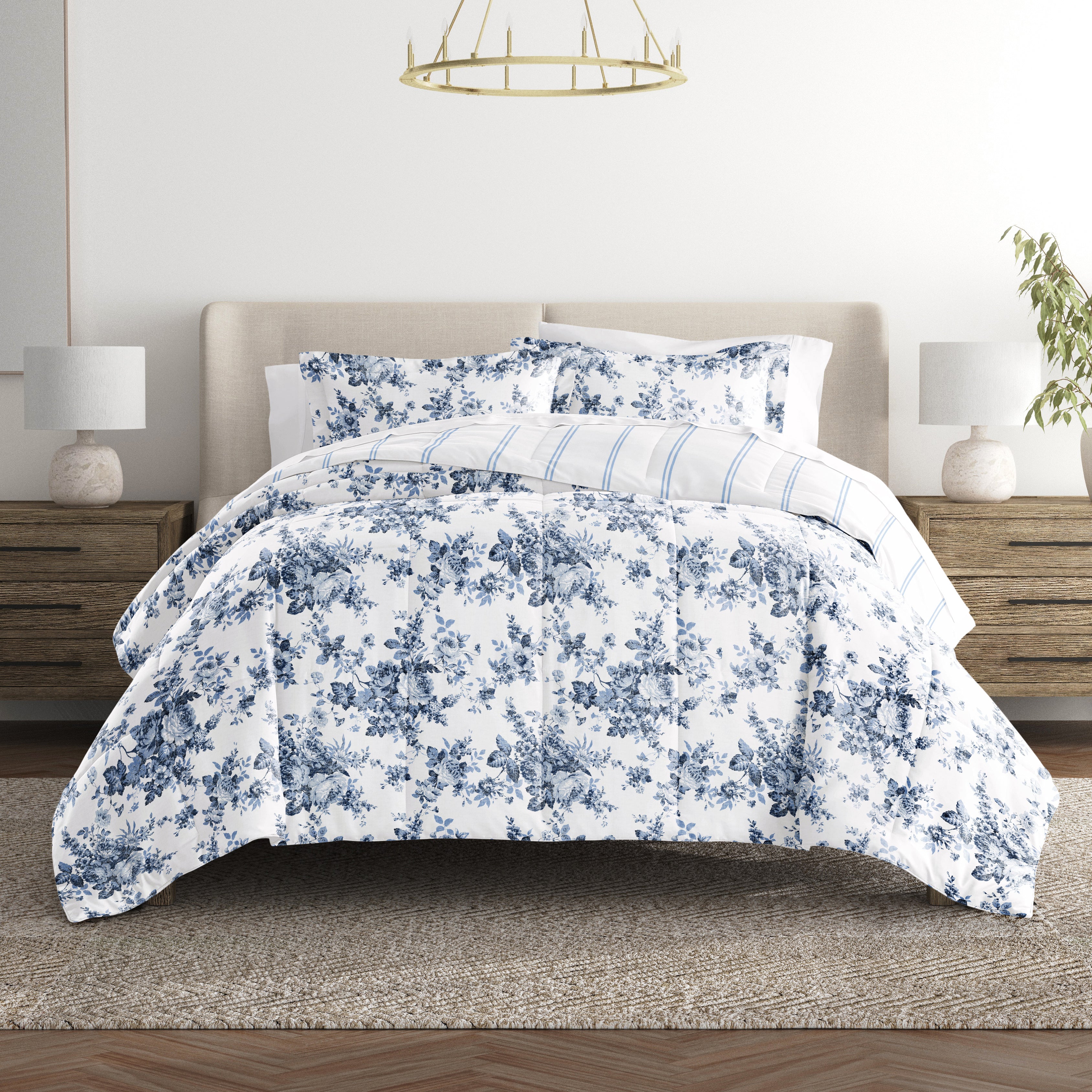Cabbage Rose Stripe Reversible Patterned Down-Alternative Comforter Set