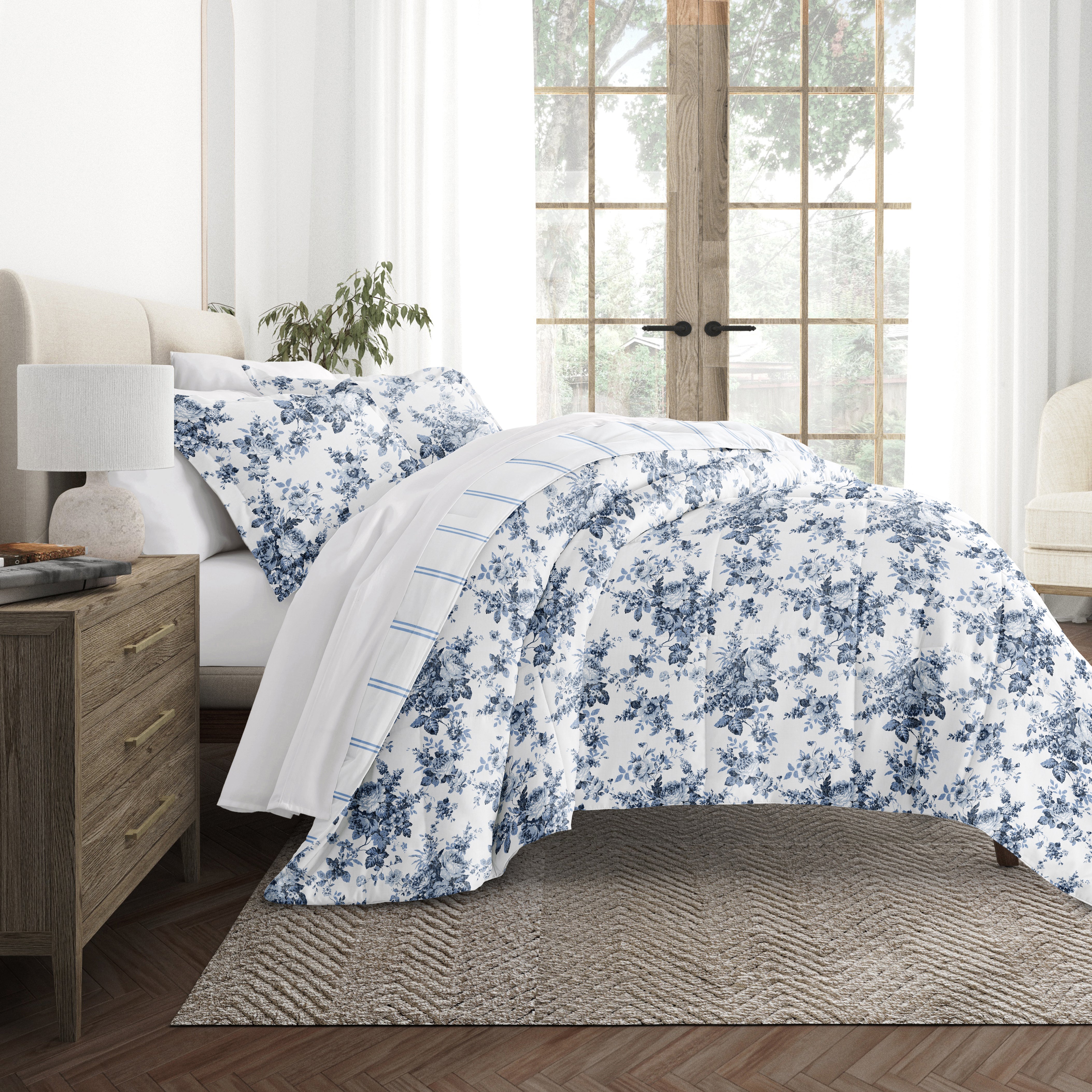 Cabbage Rose Stripe Reversible Patterned Down-Alternative Comforter Set