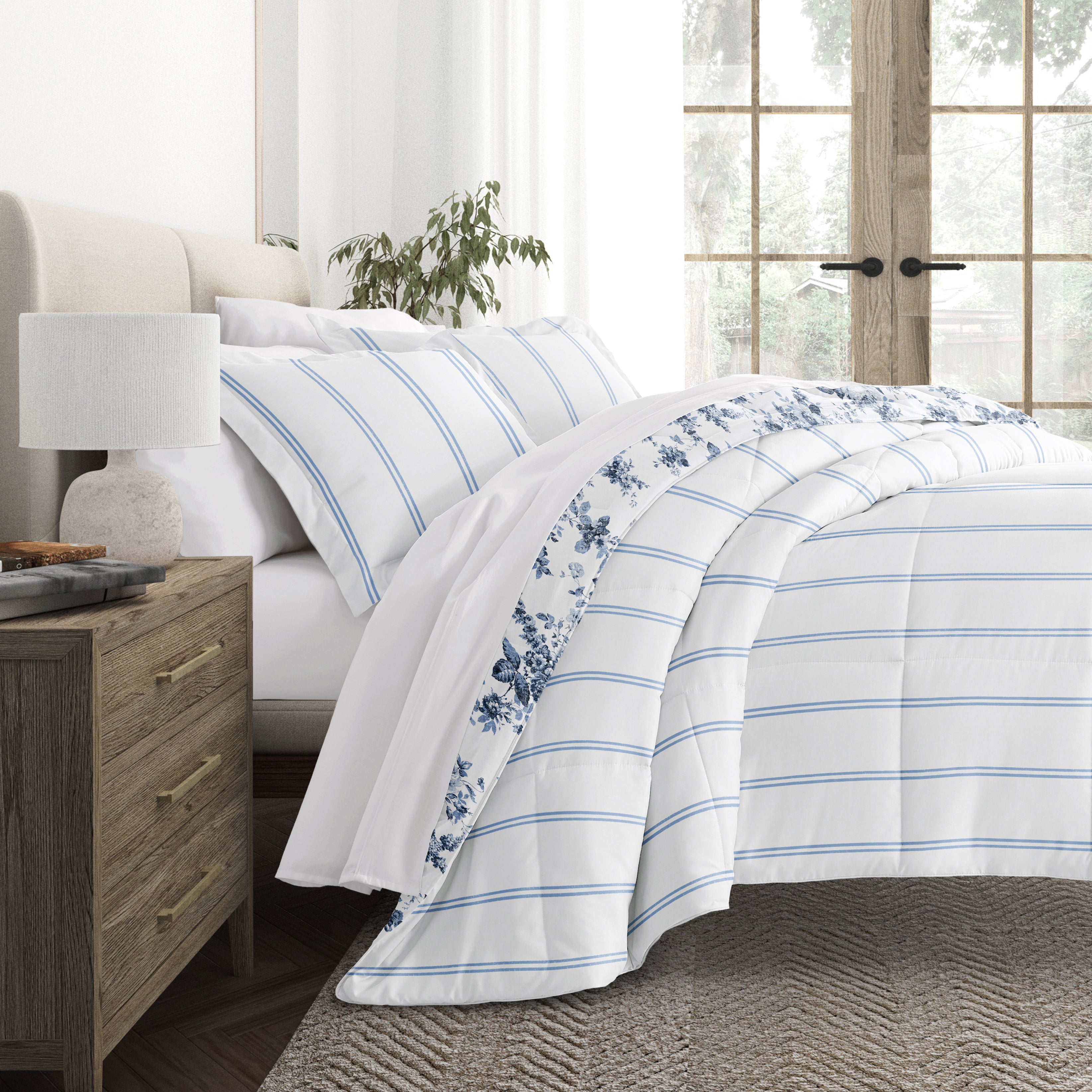Cabbage Rose Stripe Reversible Patterned Down-Alternative Comforter Set
