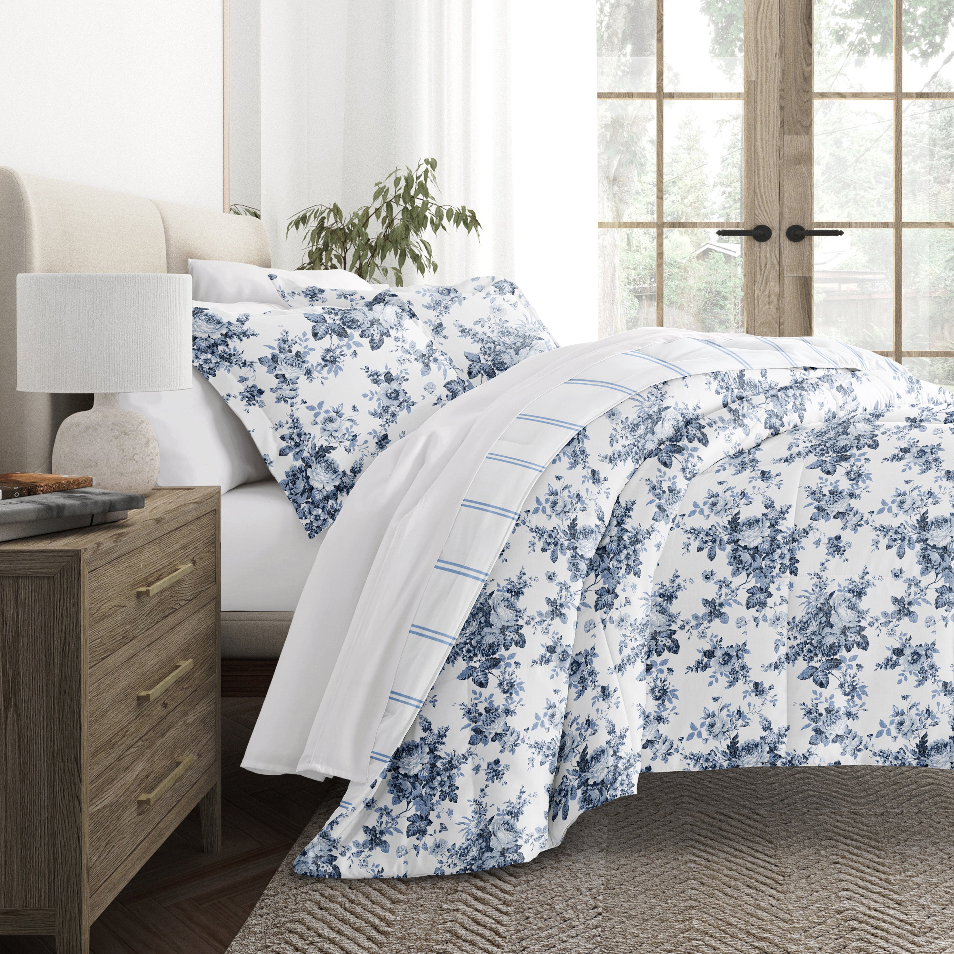 Cabbage Rose Stripe Reversible Patterned Down-Alternative Comforter Set