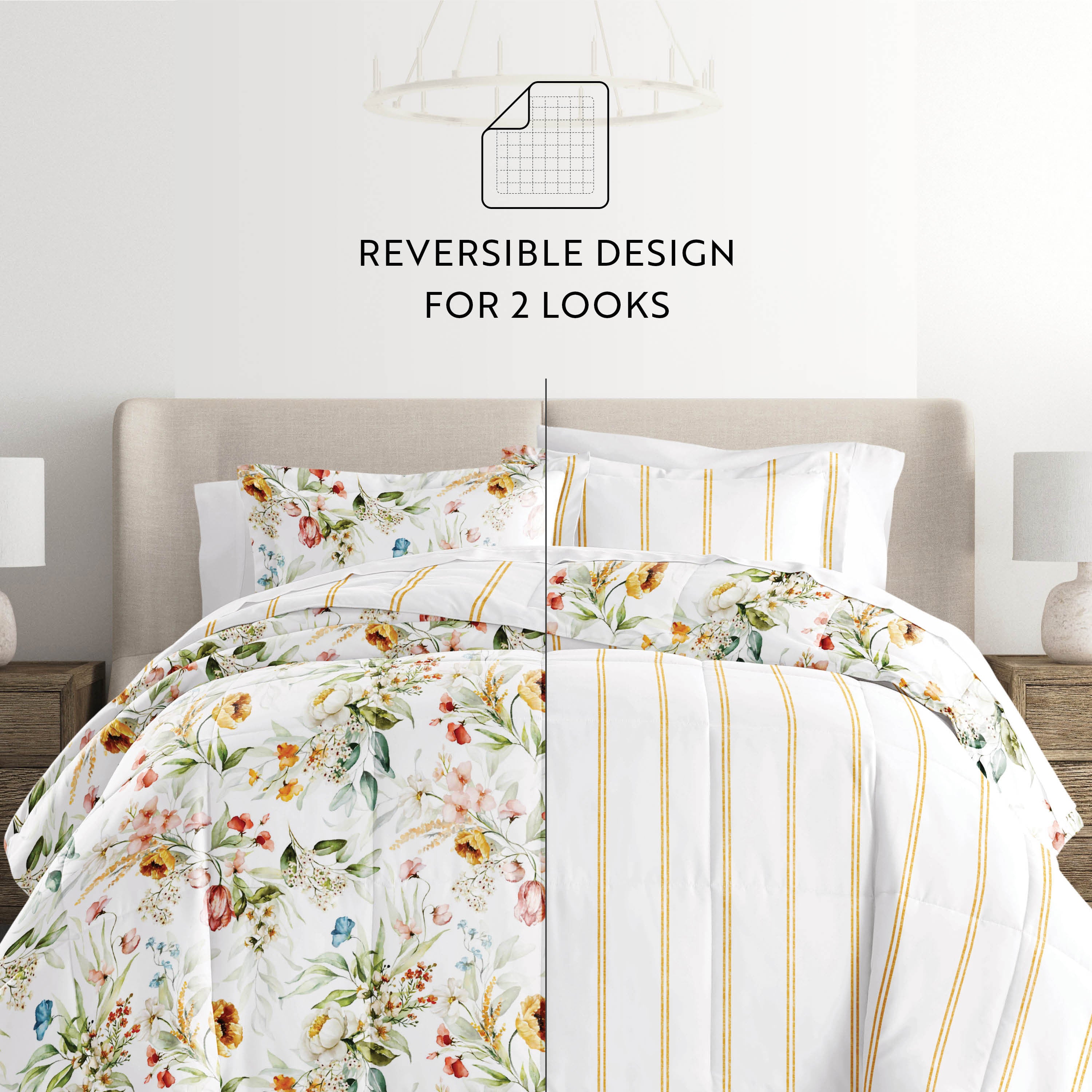 Chintz Floral Stripe Reversible Patterned Down-Alternative Comforter Set