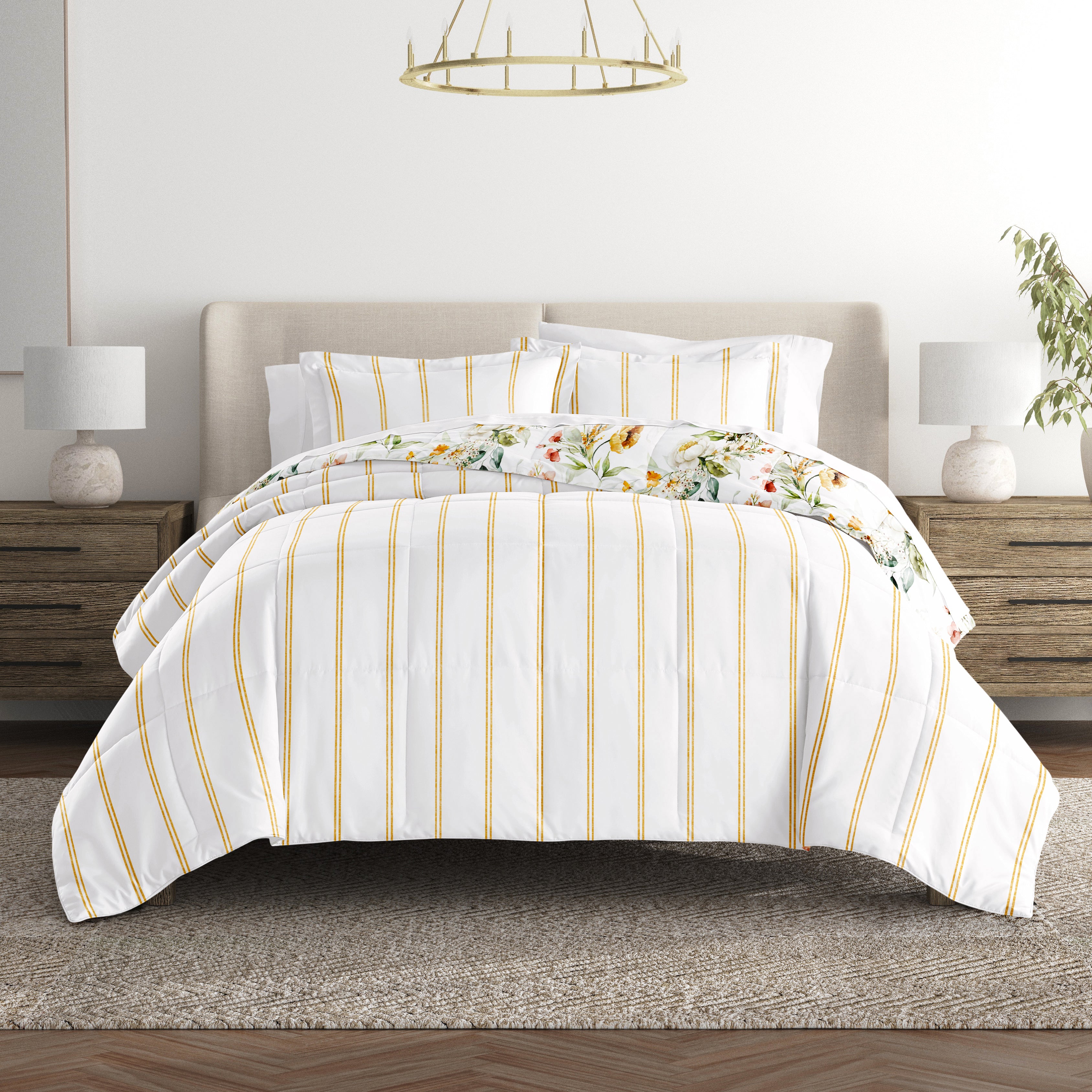 Chintz Floral Stripe Reversible Patterned Down-Alternative Comforter Set