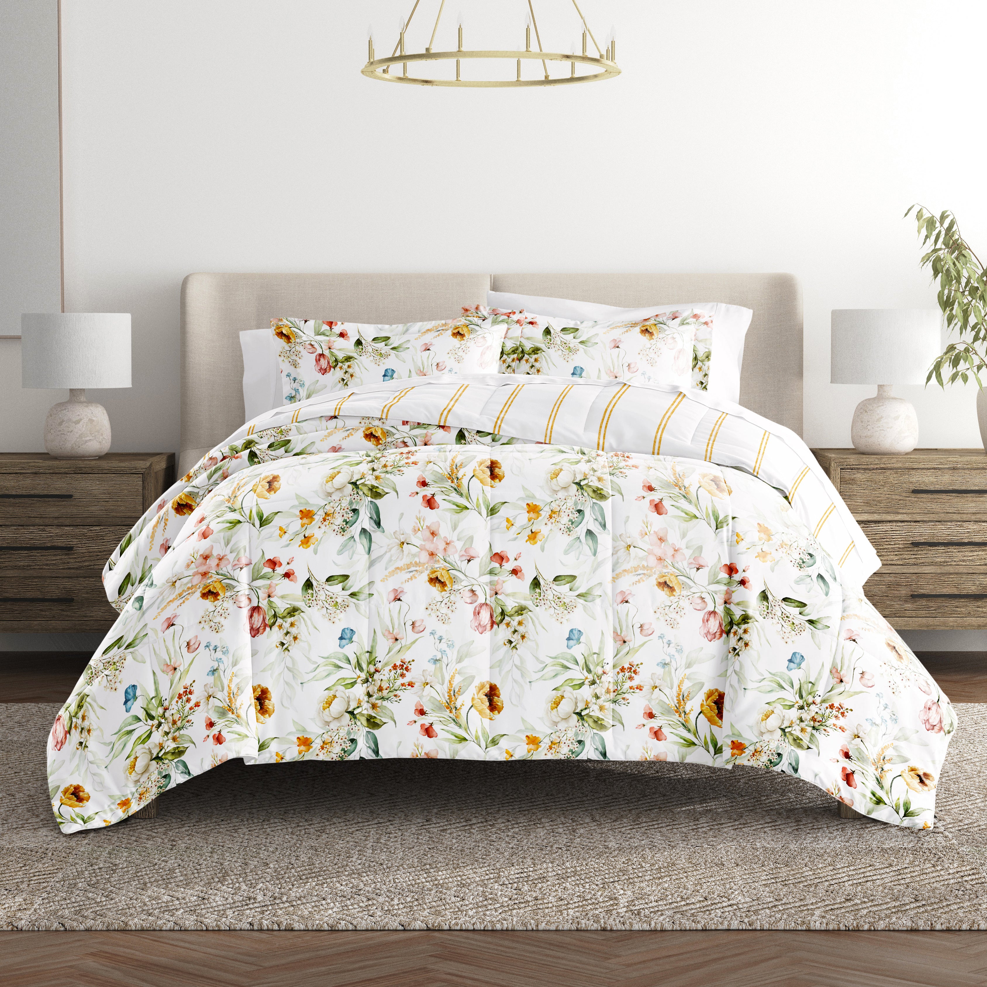 Chintz Floral Stripe Reversible Patterned Down-Alternative Comforter Set