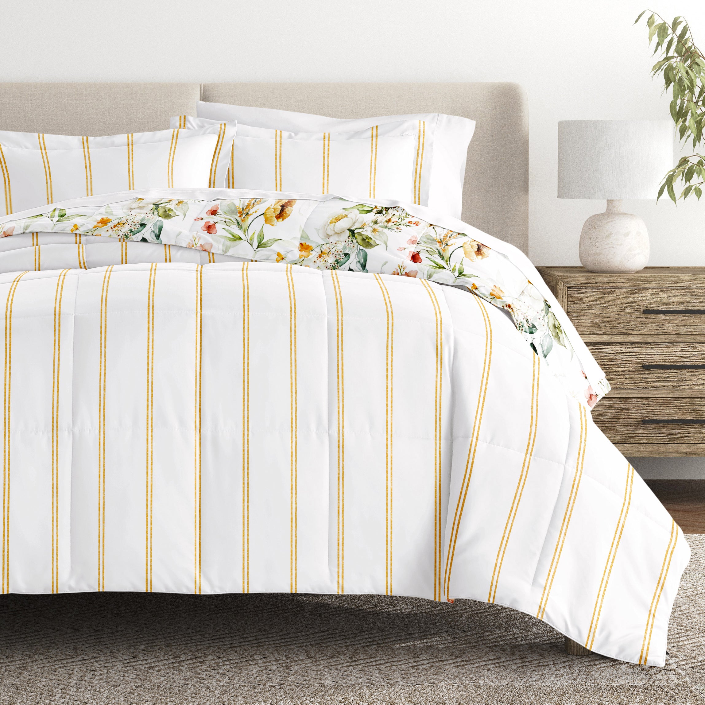 Chintz Floral Stripe Reversible Patterned Down-Alternative Comforter Set
