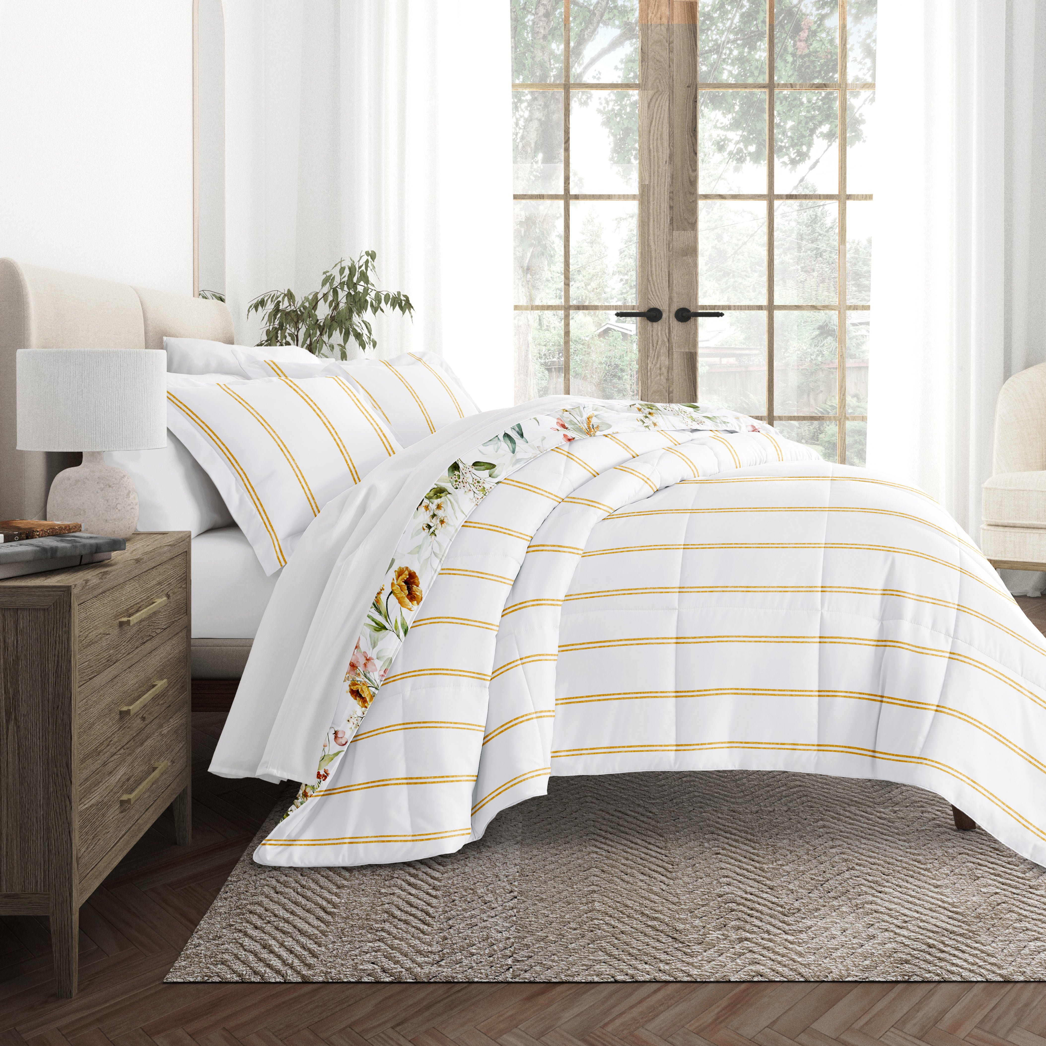 Chintz Floral Stripe Reversible Patterned Down-Alternative Comforter Set