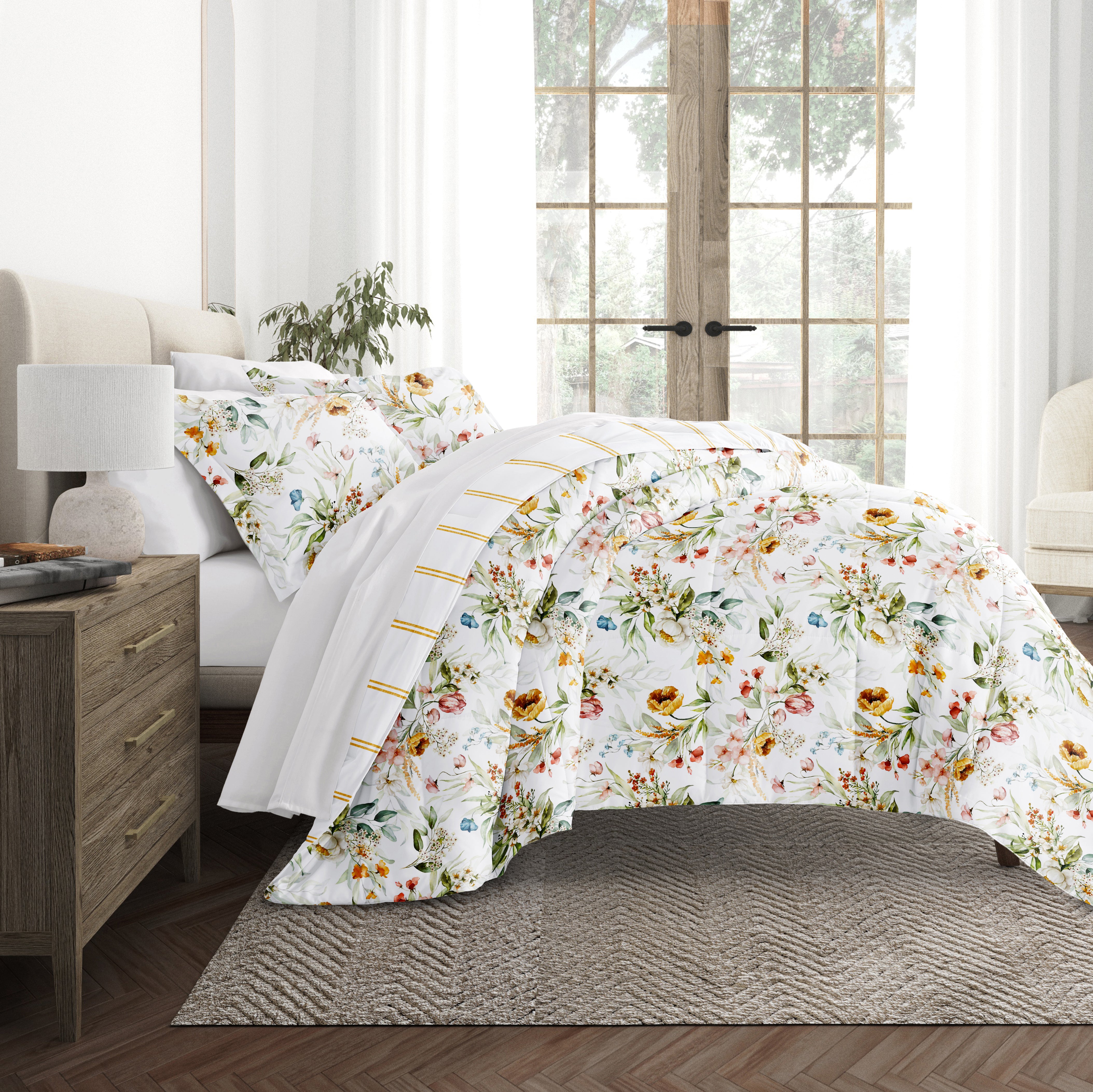Chintz Floral Stripe Reversible Patterned Down-Alternative Comforter Set