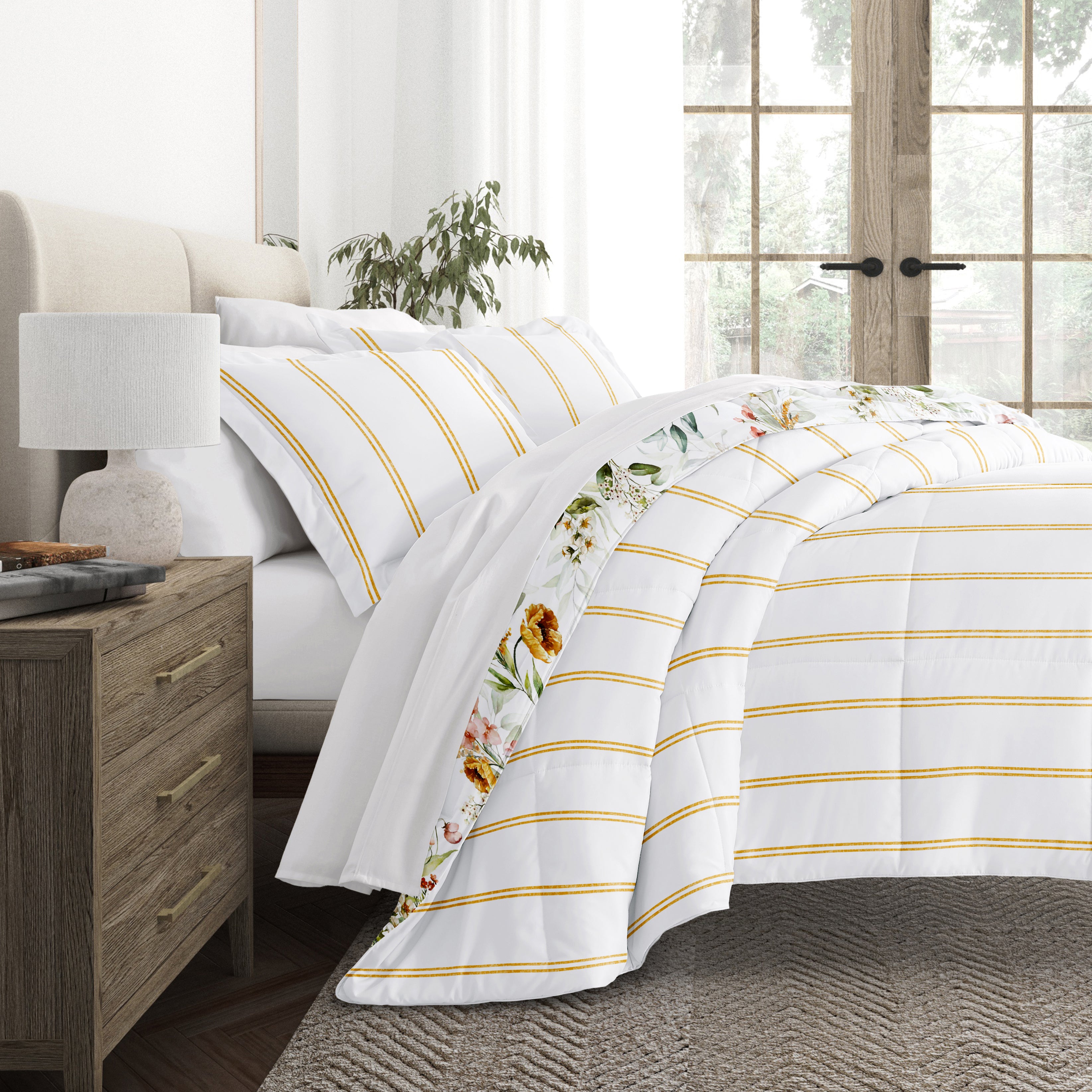 Chintz Floral Stripe Reversible Patterned Down-Alternative Comforter Set