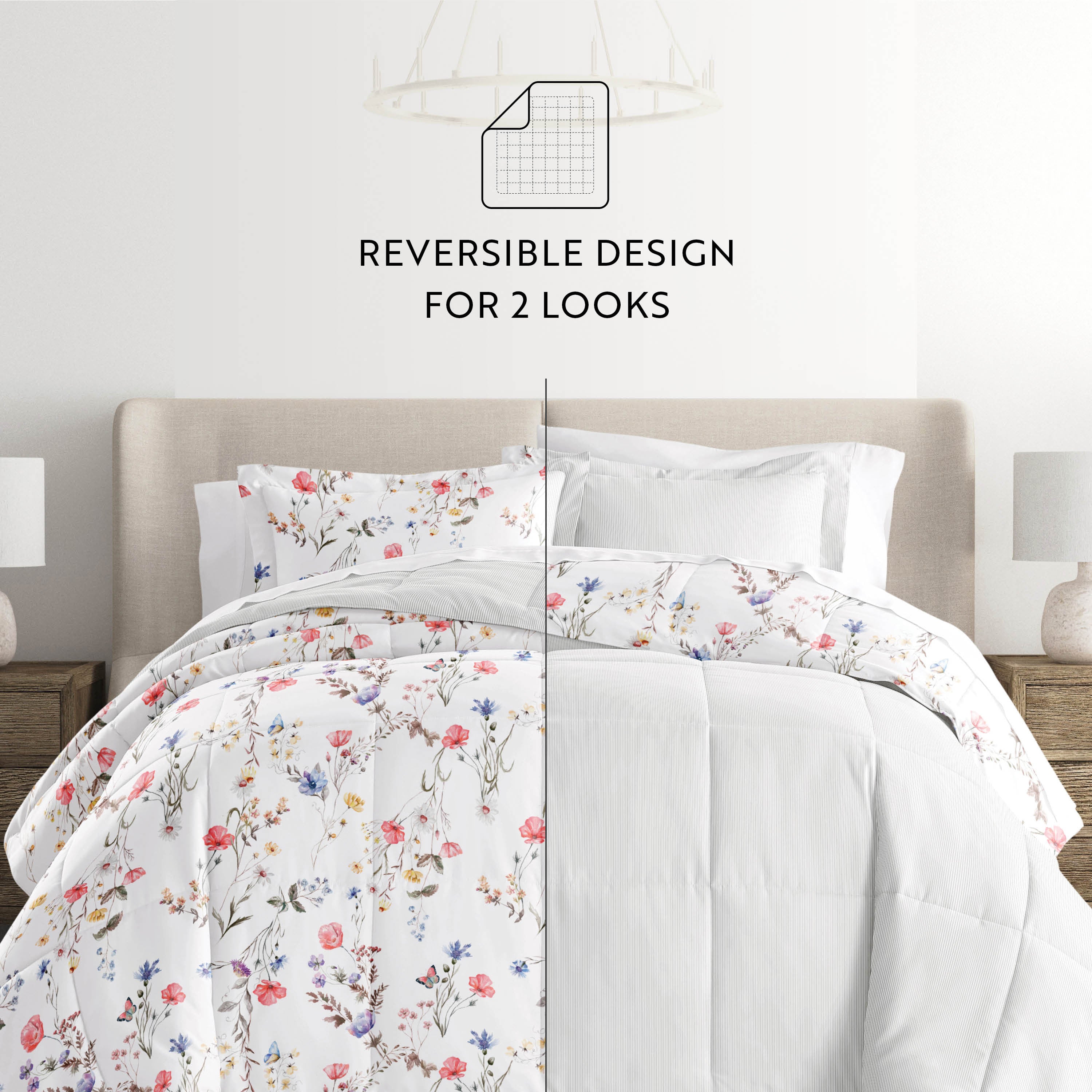 Meadow Floral Stripe Reversible Patterned Down-Alternative Comforter Set