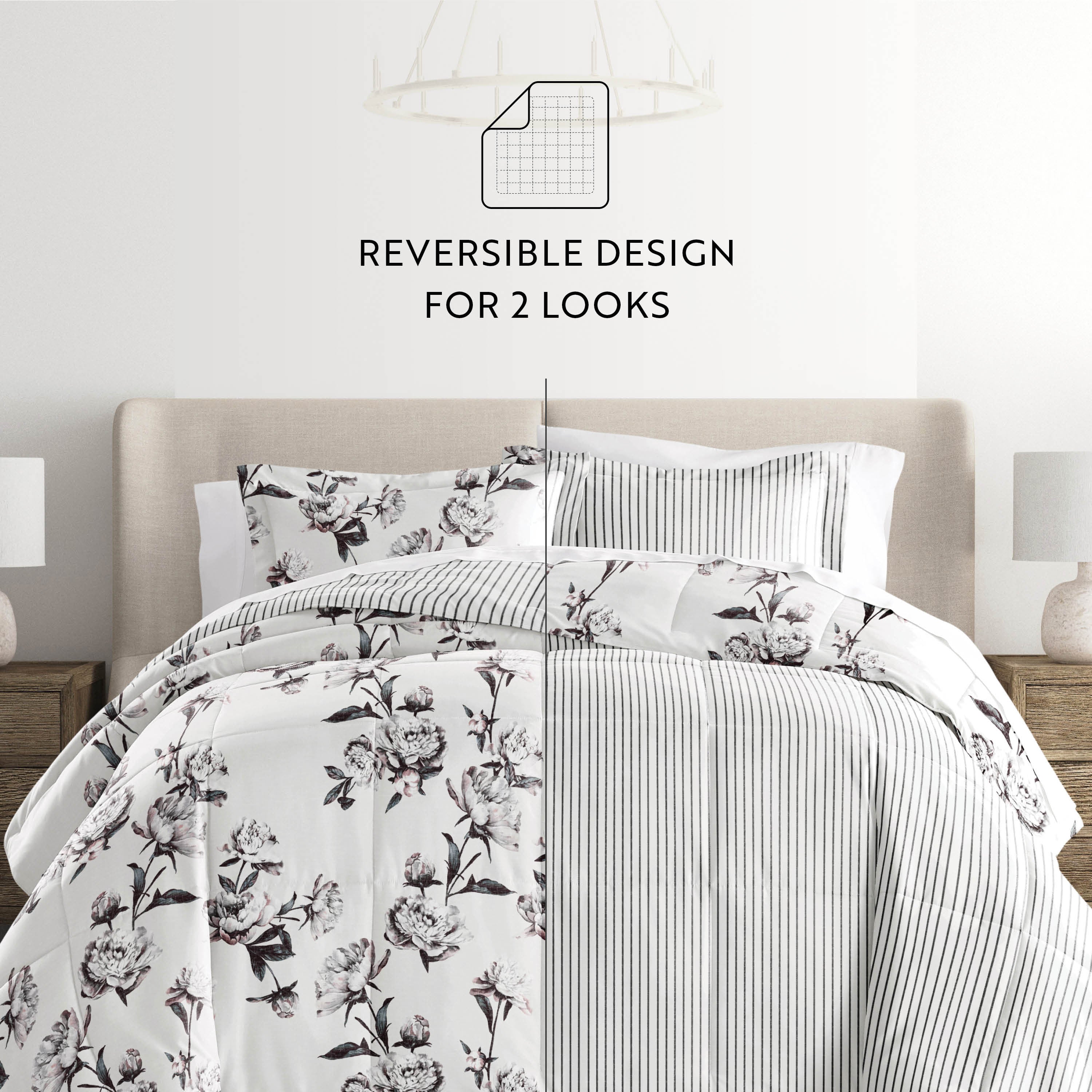 Vintage Magnolia Stripe Reversible Patterned Down-Alternative Comforter Set