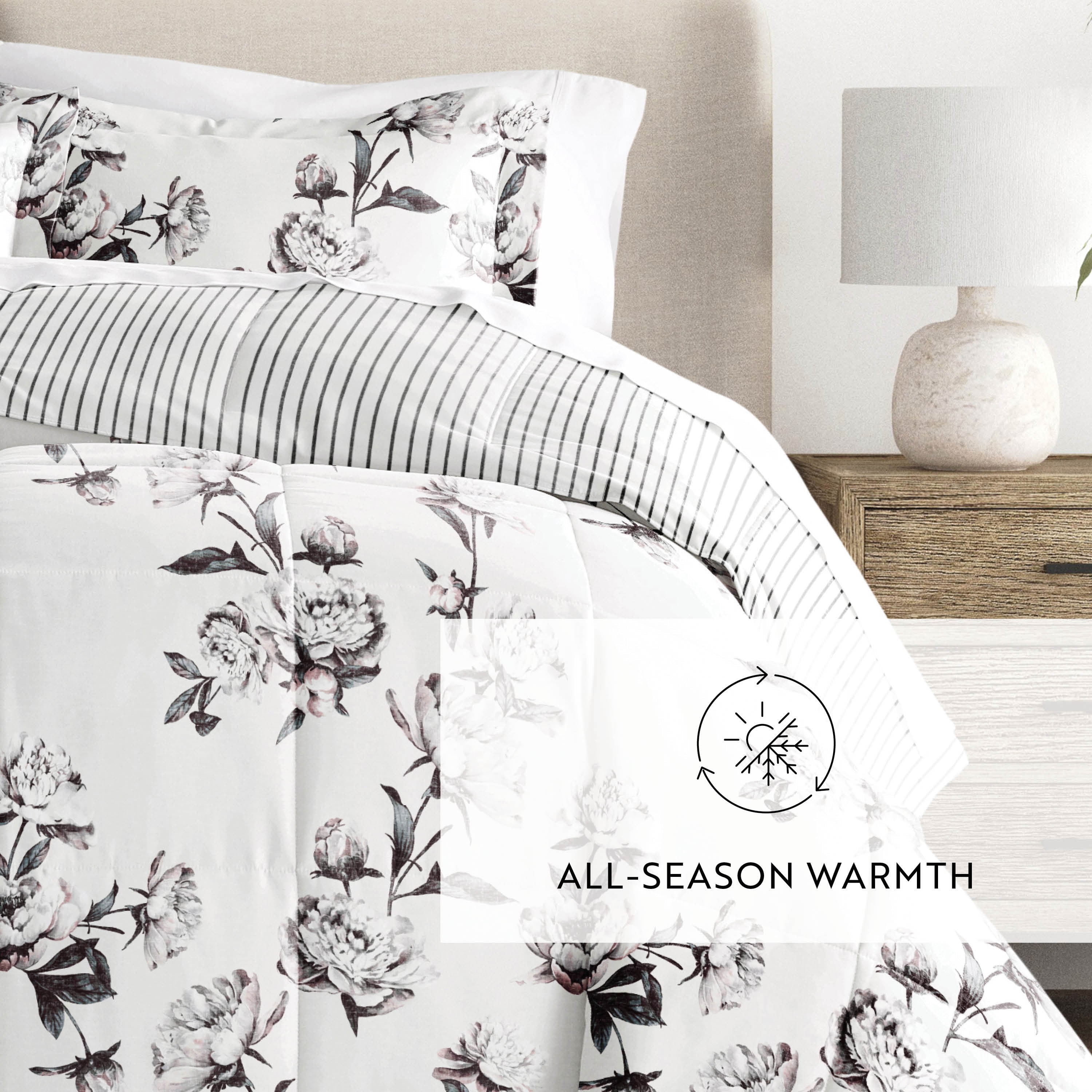 Vintage Magnolia Stripe Reversible Patterned Down-Alternative Comforter Set