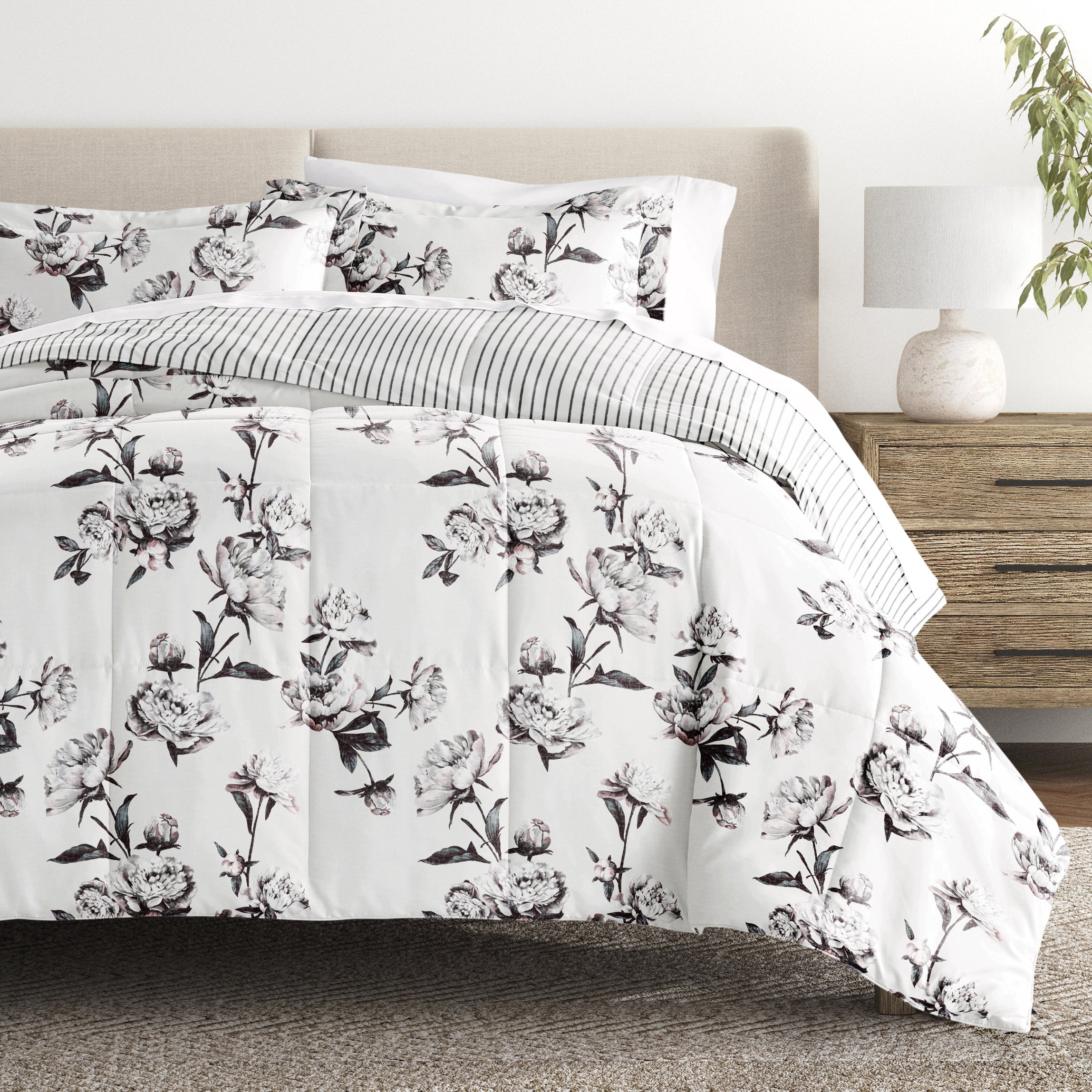 Vintage Magnolia Stripe Reversible Patterned Down-Alternative Comforter Set