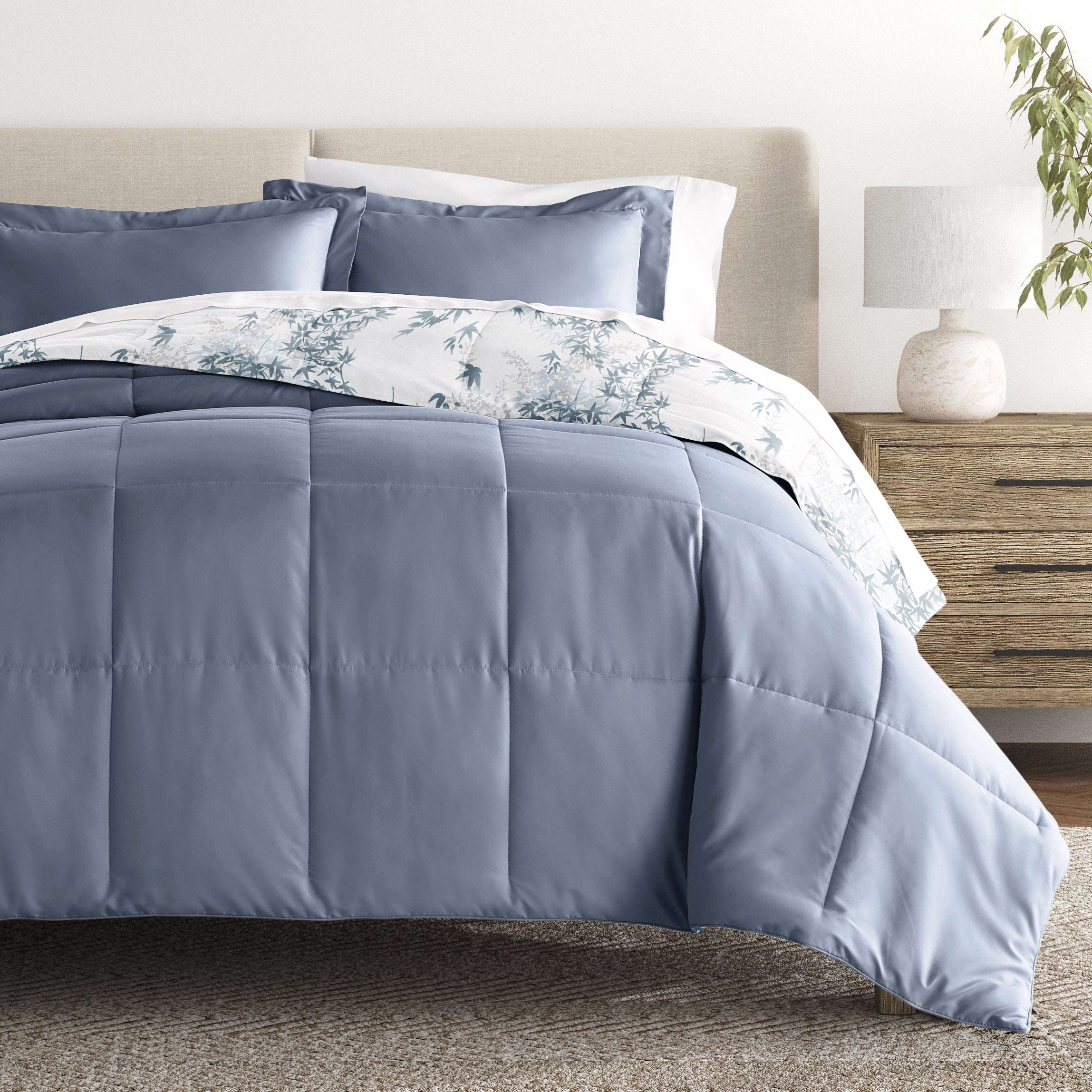 Bamboo Leaves Reversible Patterned Down-Alternative Comforter Set