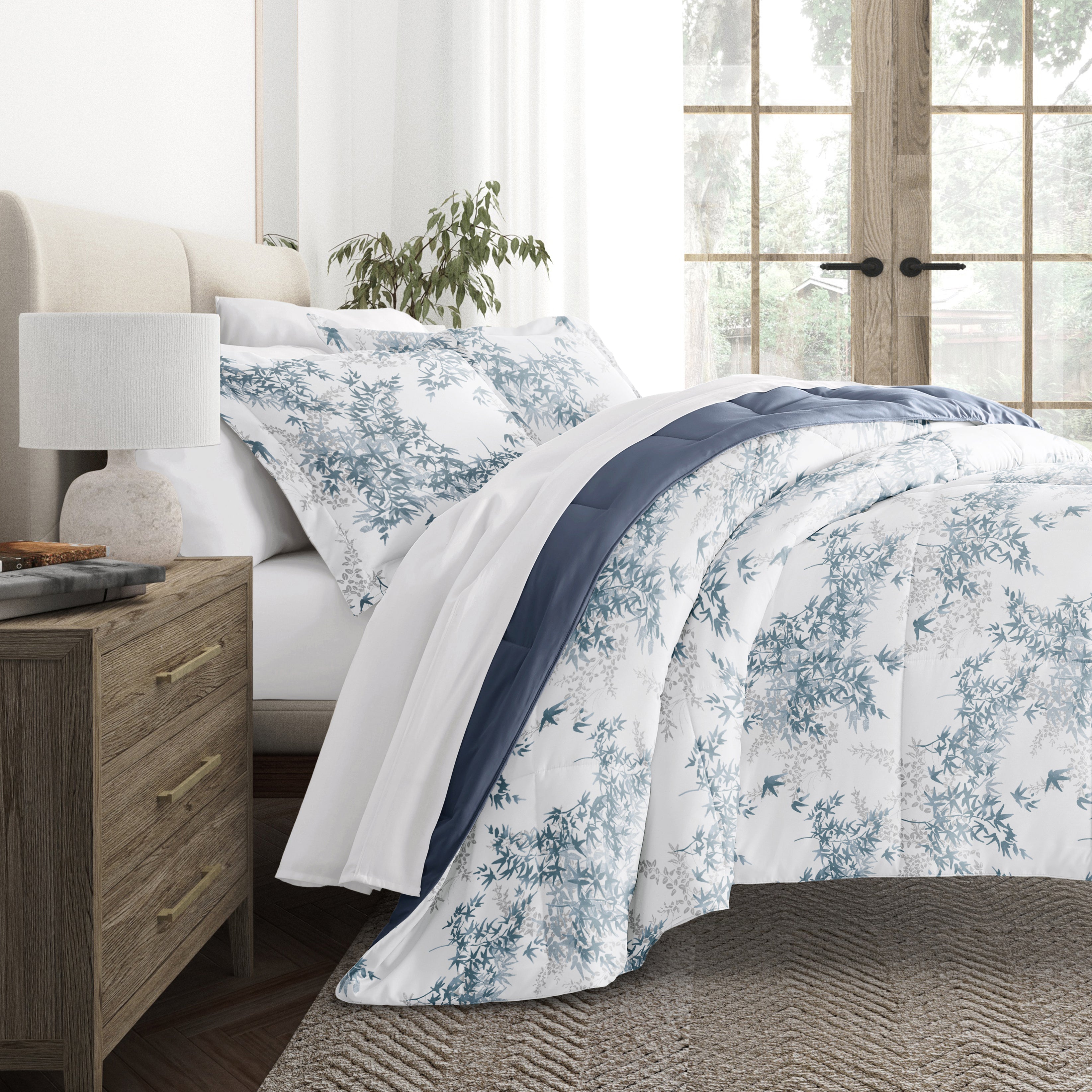 Bamboo Leaves Reversible Patterned Down-Alternative Comforter Set