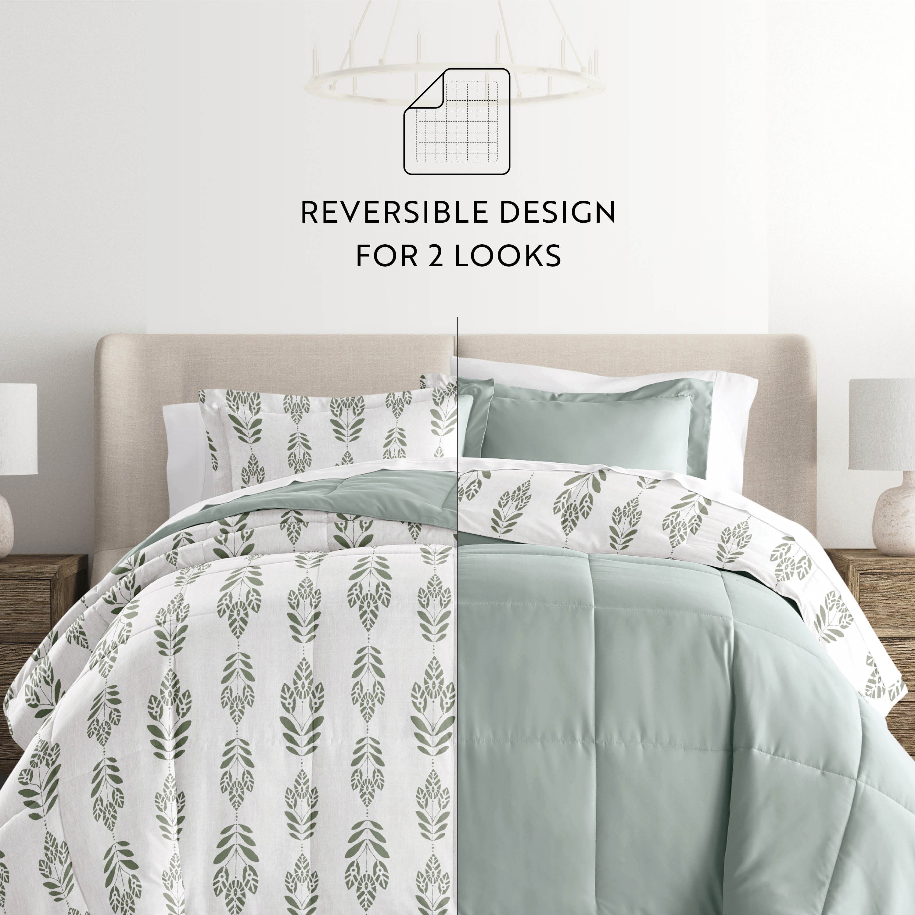 Folk Leaves Reversible Patterned Down-Alternative Comforter Set