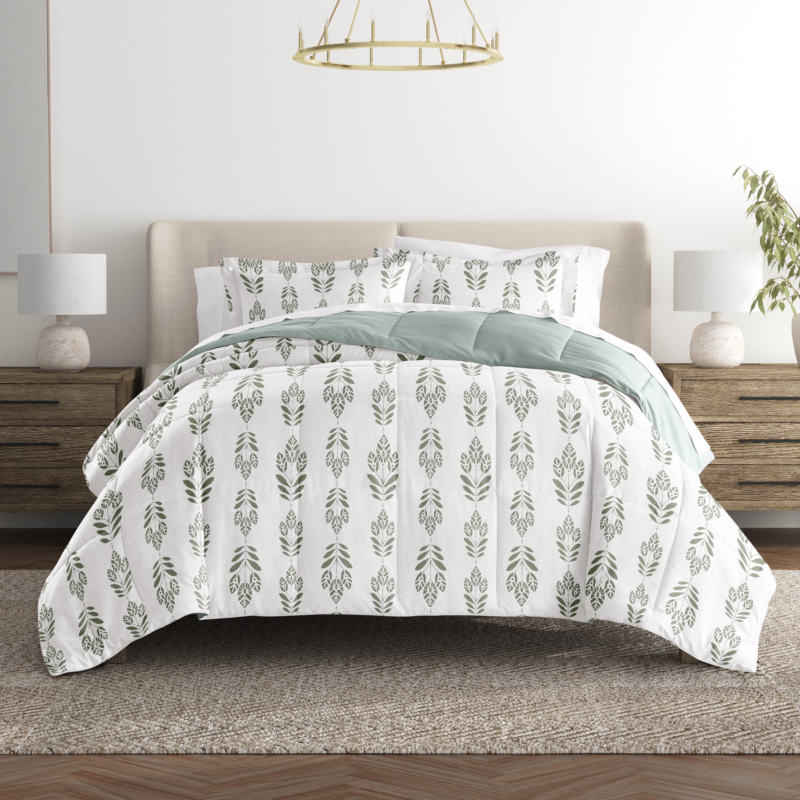 Folk Leaves Reversible Patterned Down-Alternative Comforter Set
