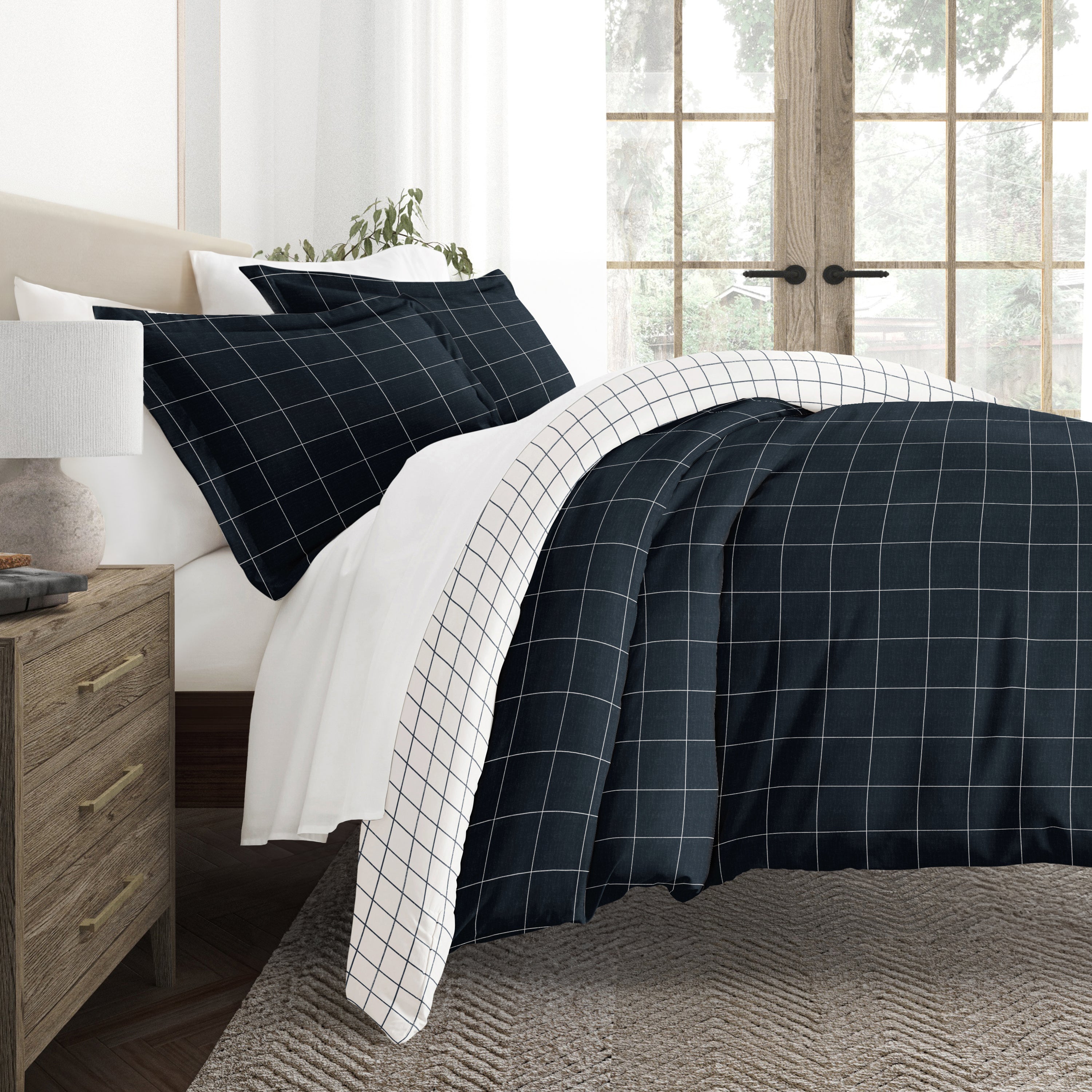 Rustic Windowpane Patterned Reversible Duvet Cover Set