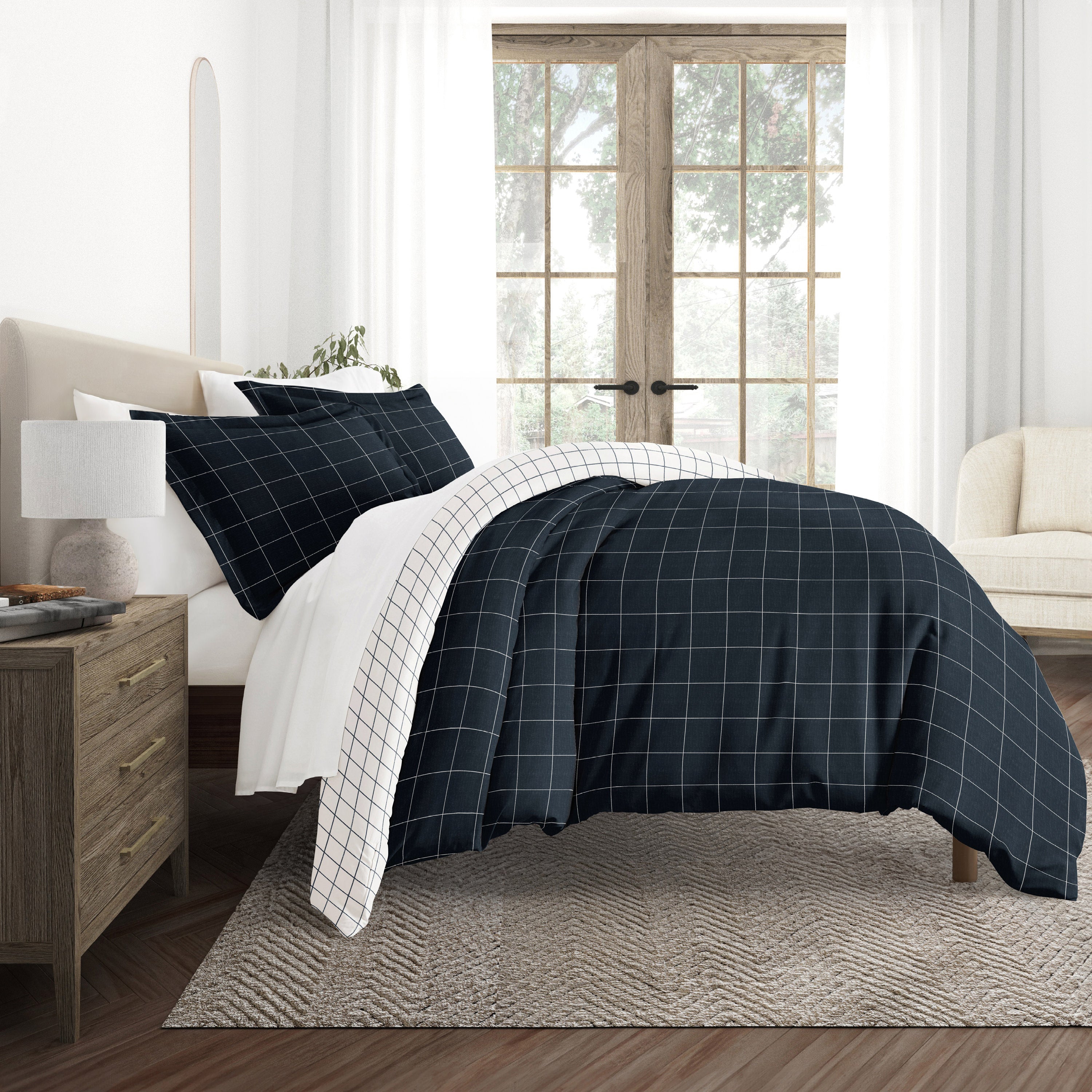 Rustic Windowpane Patterned Reversible Duvet Cover Set