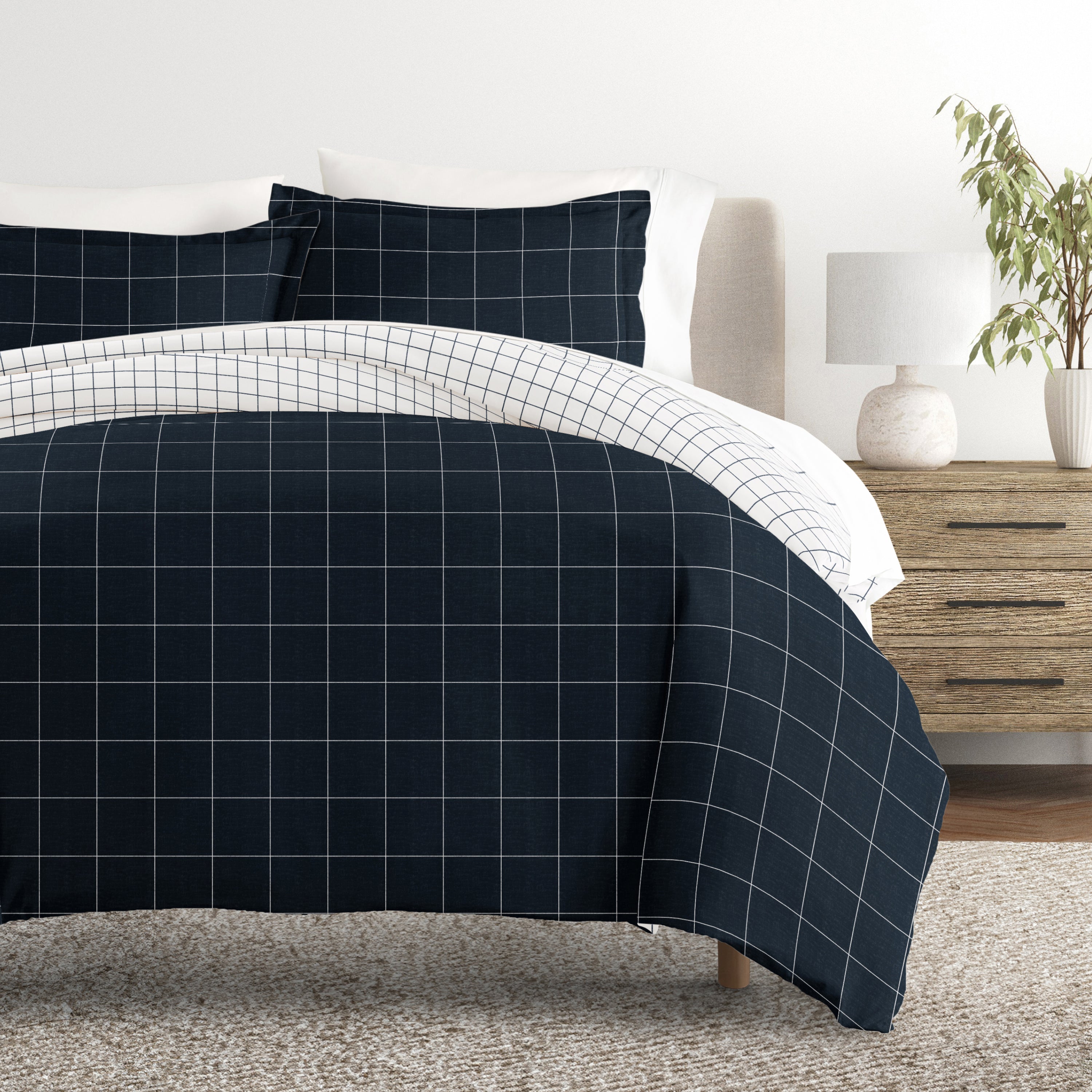 Rustic Windowpane Patterned Reversible Duvet Cover Set