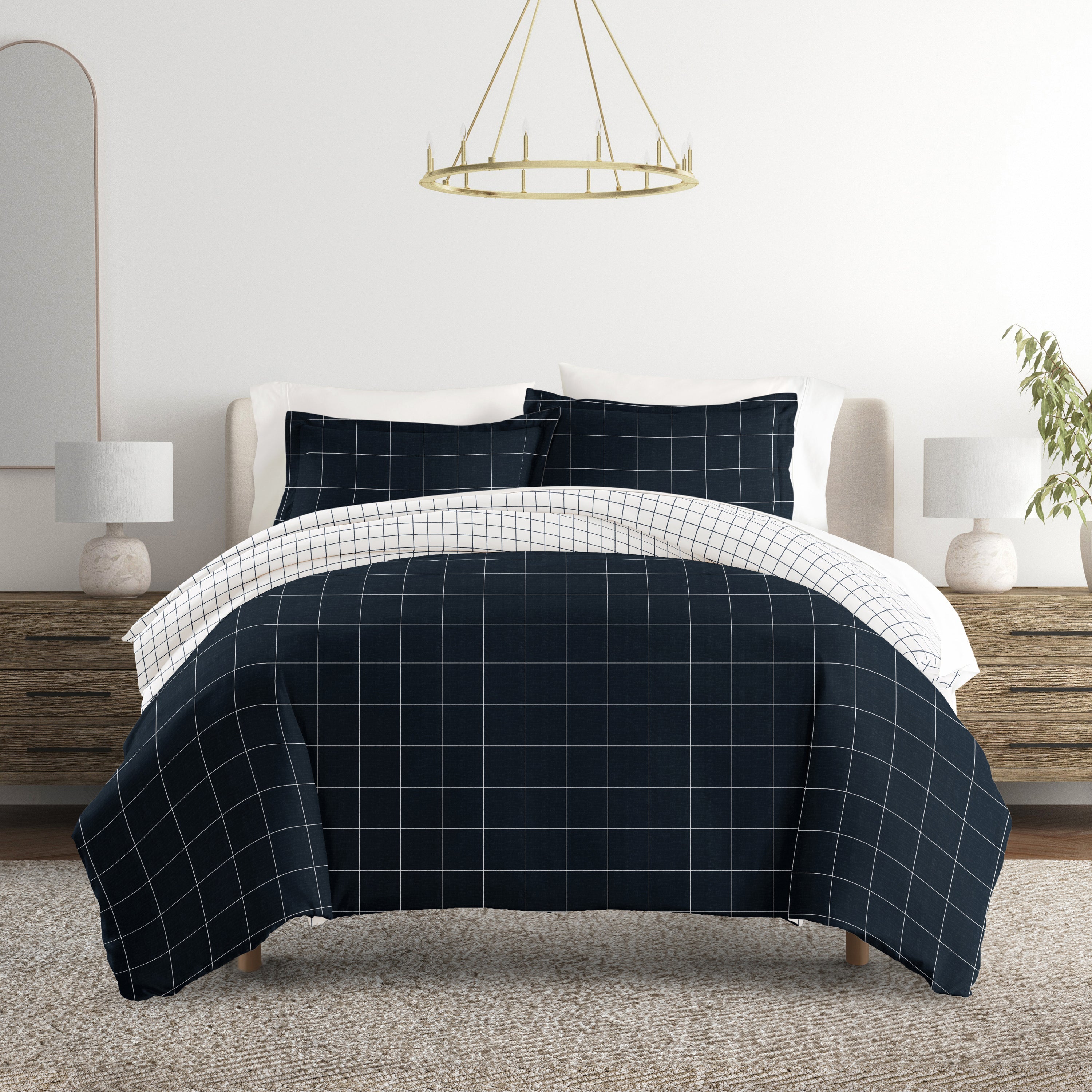 Rustic Windowpane Patterned Reversible Duvet Cover Set
