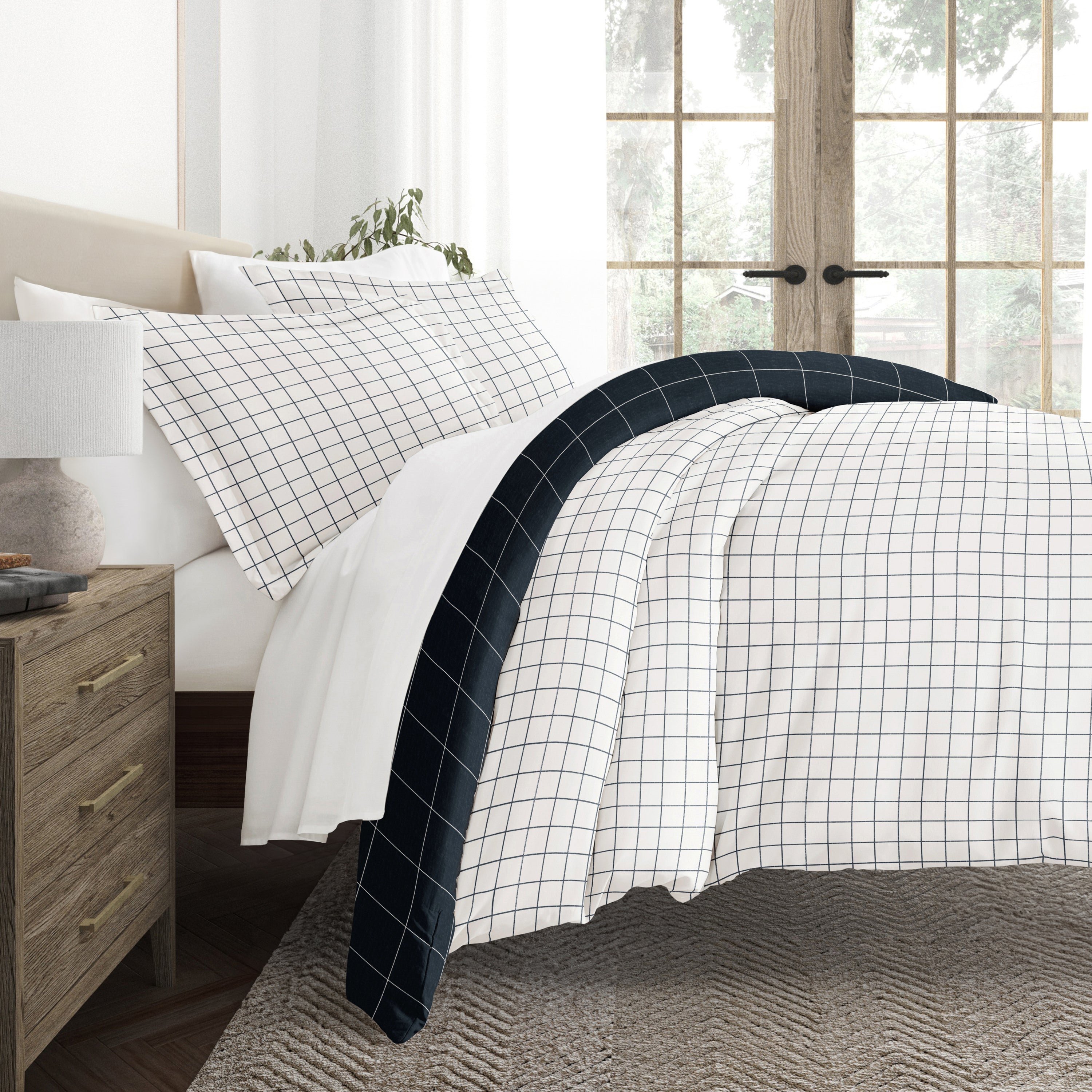 Rustic Windowpane Patterned Reversible Duvet Cover Set