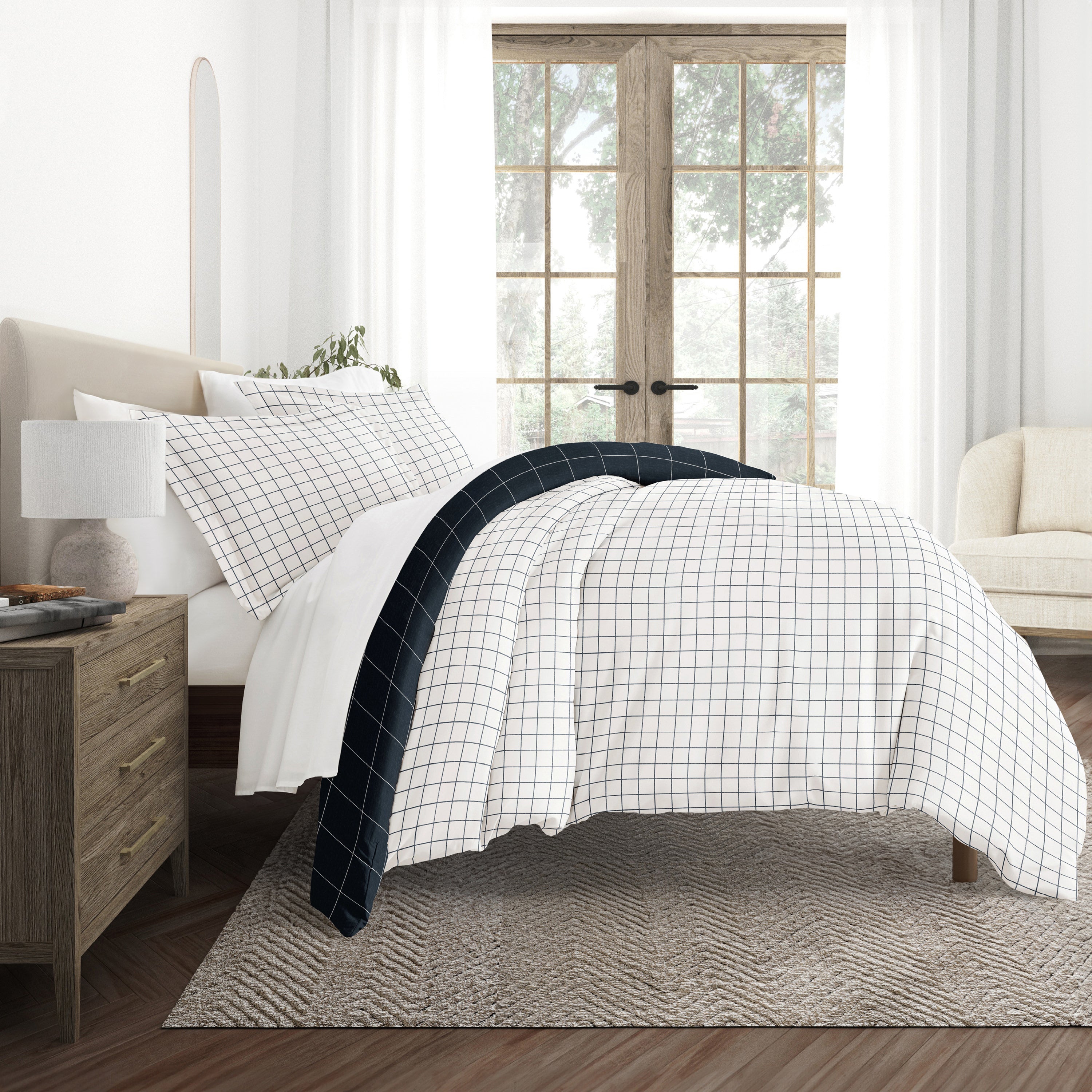 Rustic Windowpane Patterned Reversible Duvet Cover Set