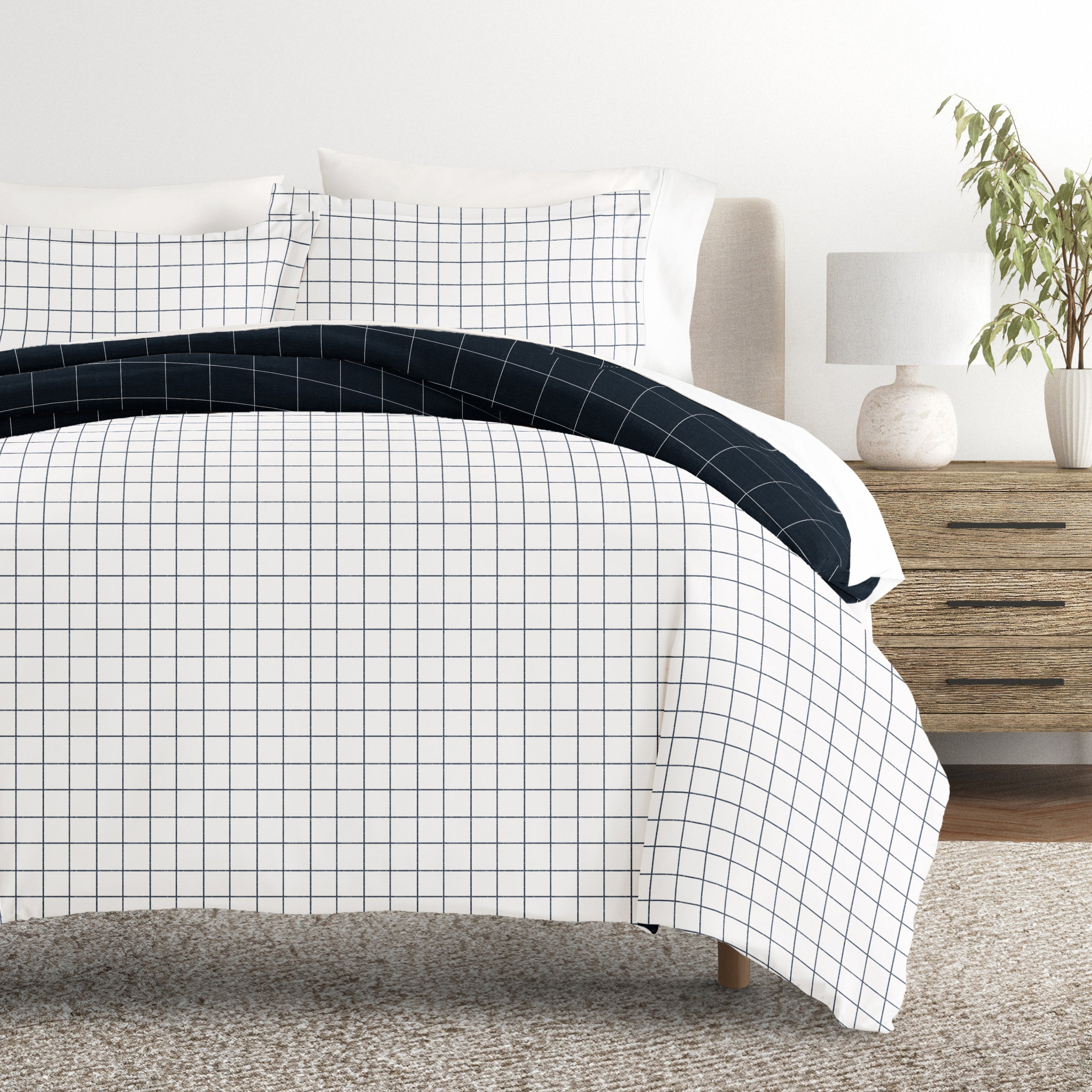 Rustic Windowpane Patterned Reversible Duvet Cover Set