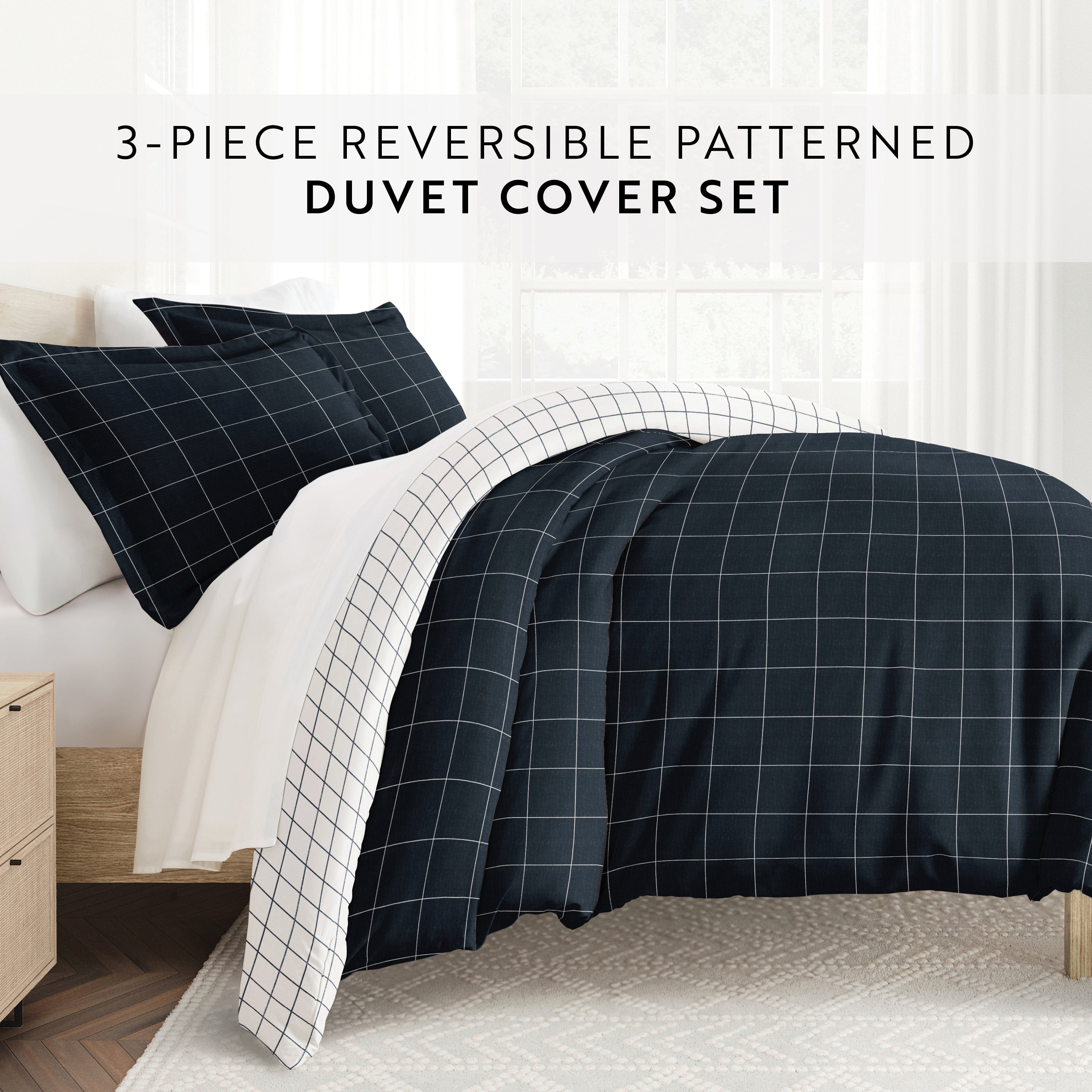 Rustic Windowpane Patterned Reversible Duvet Cover Set