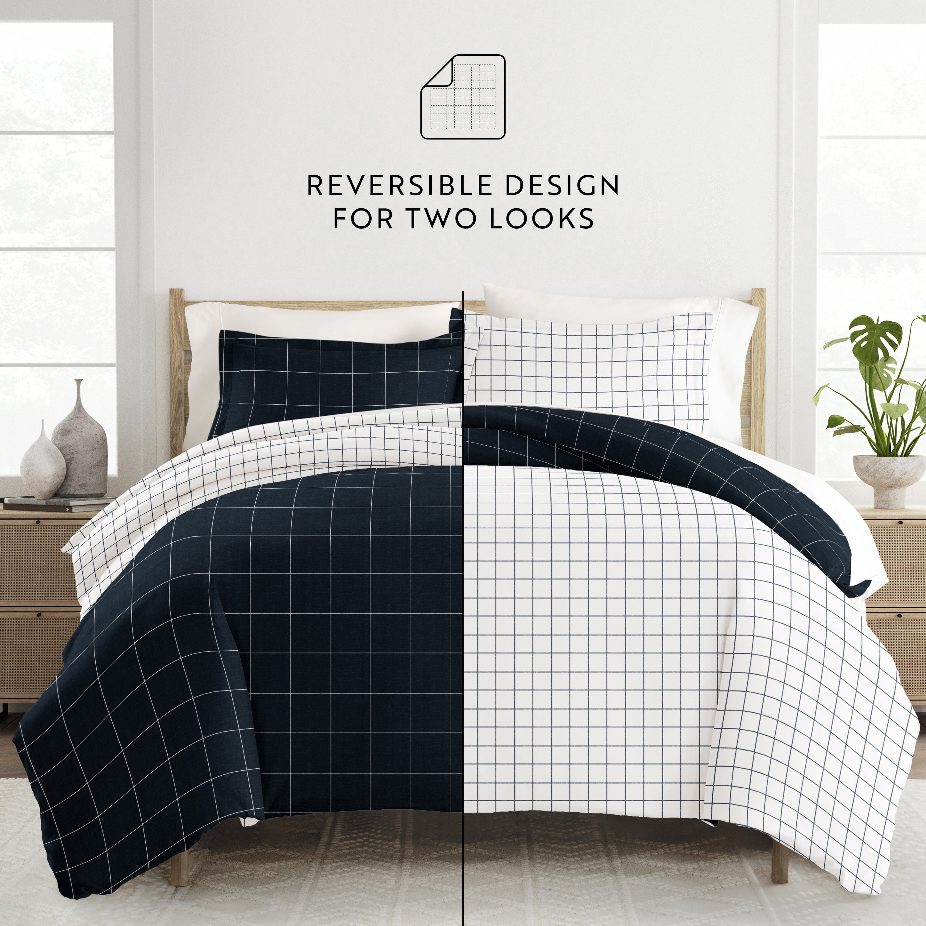 Rustic Windowpane Patterned Reversible Duvet Cover Set