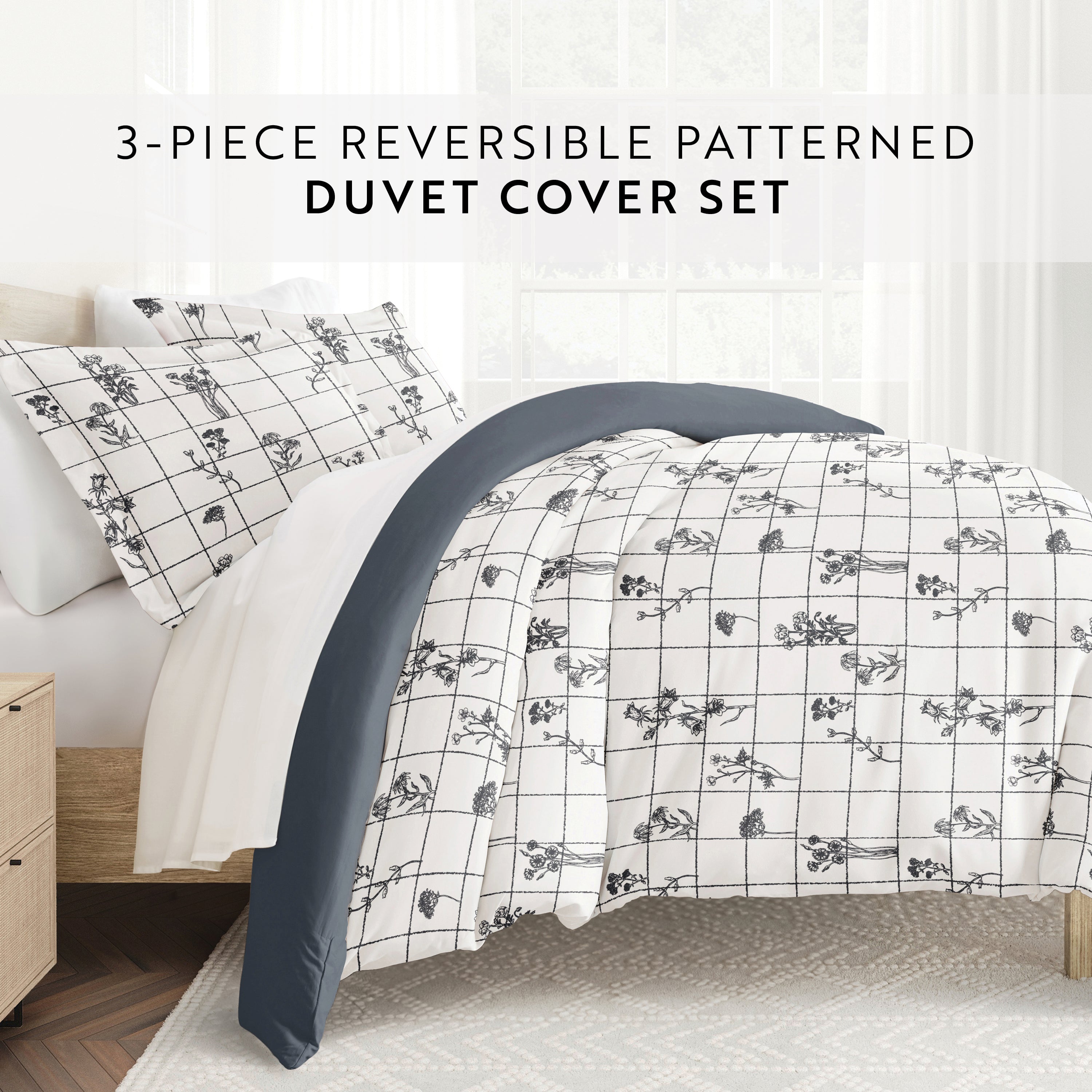 Flower Field Patterned Reversible Duvet Cover Set