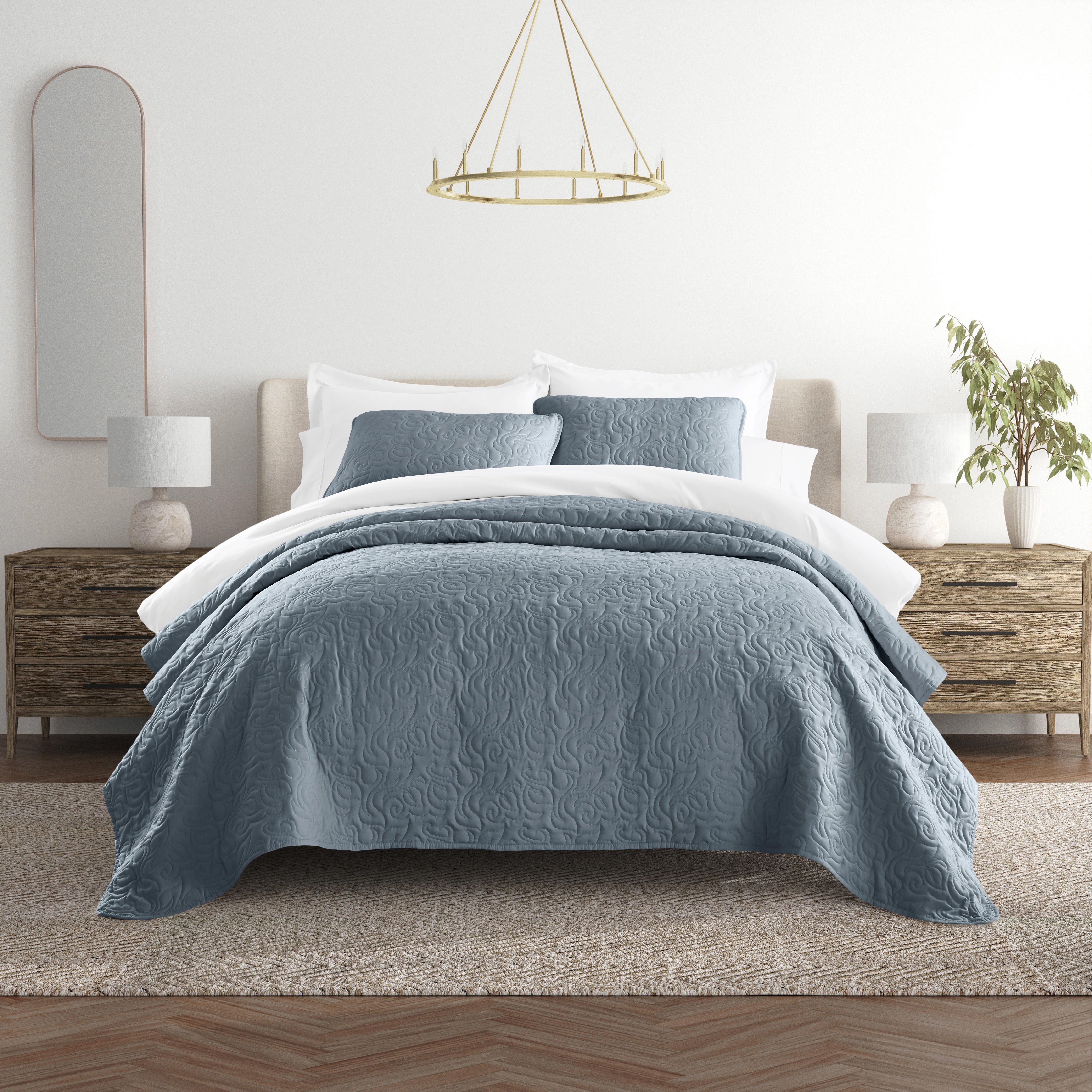 Lightweight Floral Stitch Quilted Coverlet Set