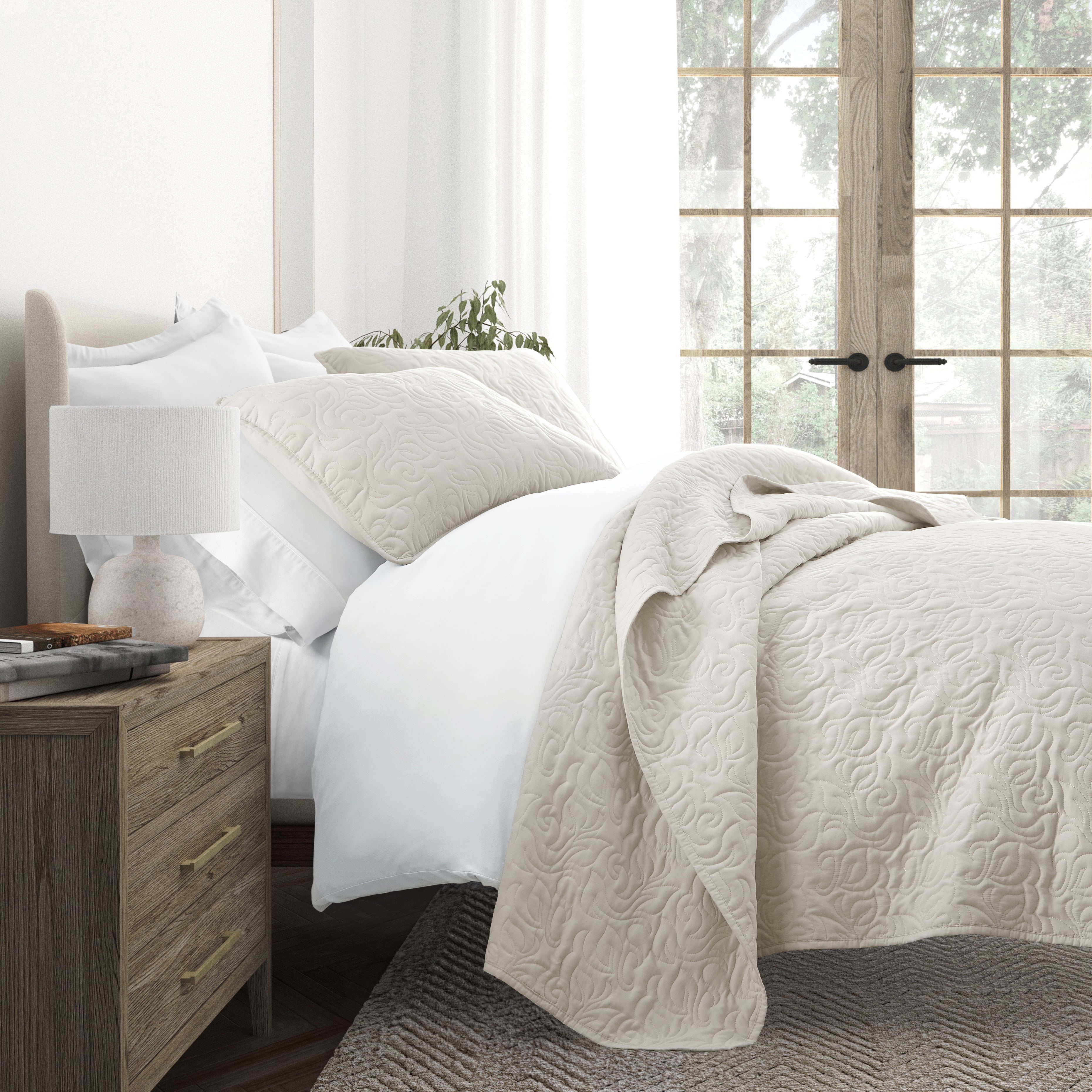 Lightweight Floral Stitch Quilted Coverlet Set