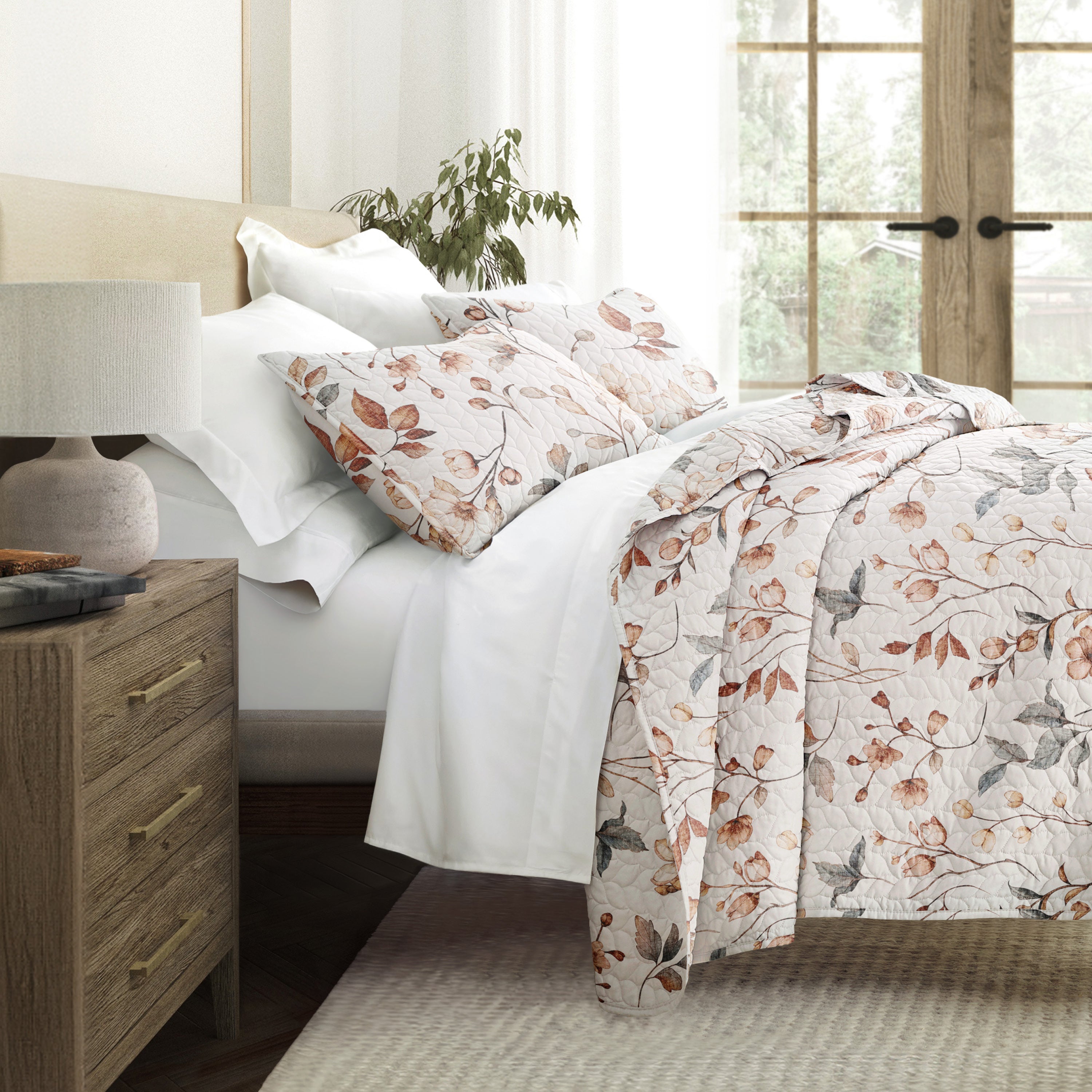 Russet Floral Patterned Quilted Coverlet Set